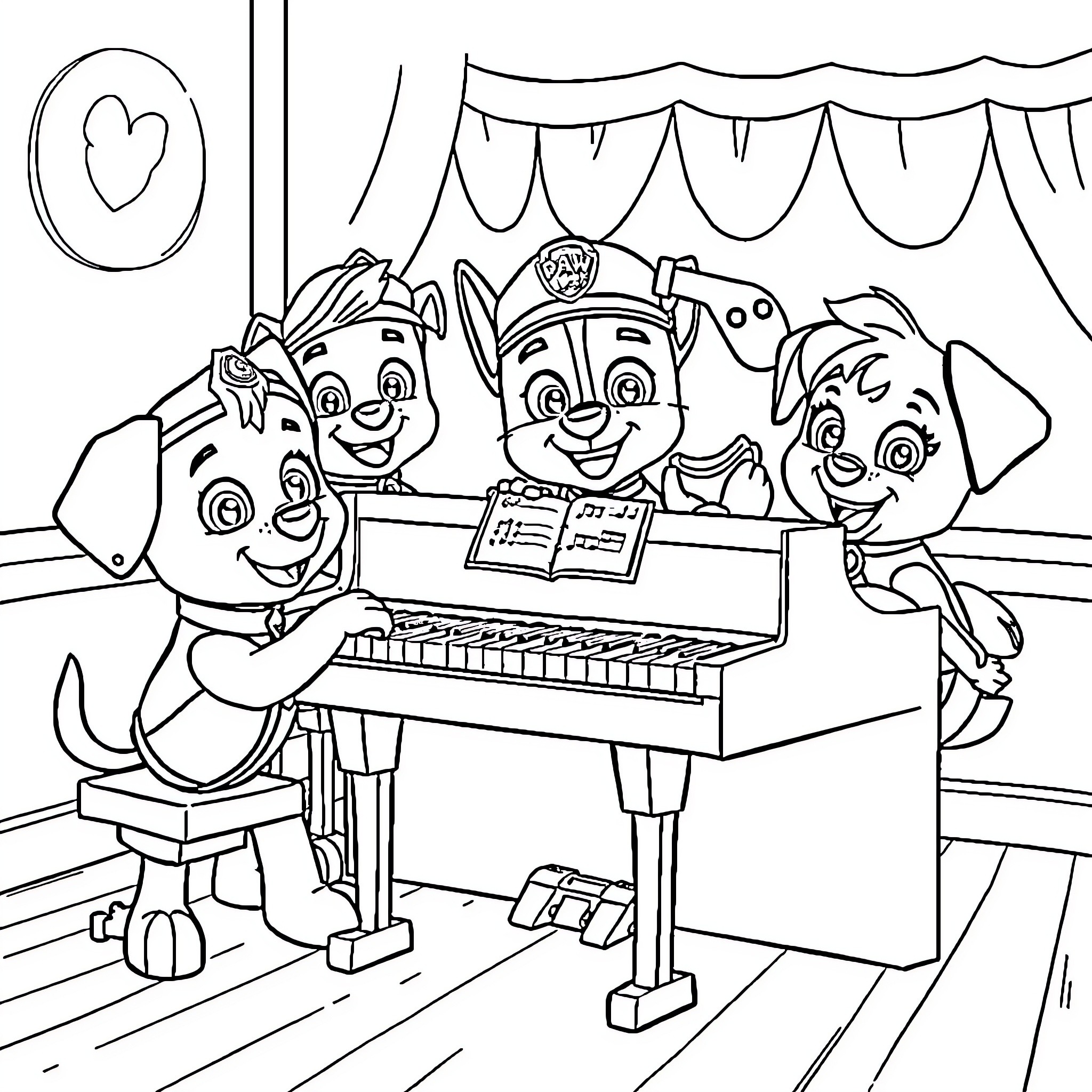 Paw Patrol Puppies Performing on Piano Coloring Page (free black-and-white line drawing printable PDF for all, from beginners to advanced learners, including children, teens, adults, and seniors)