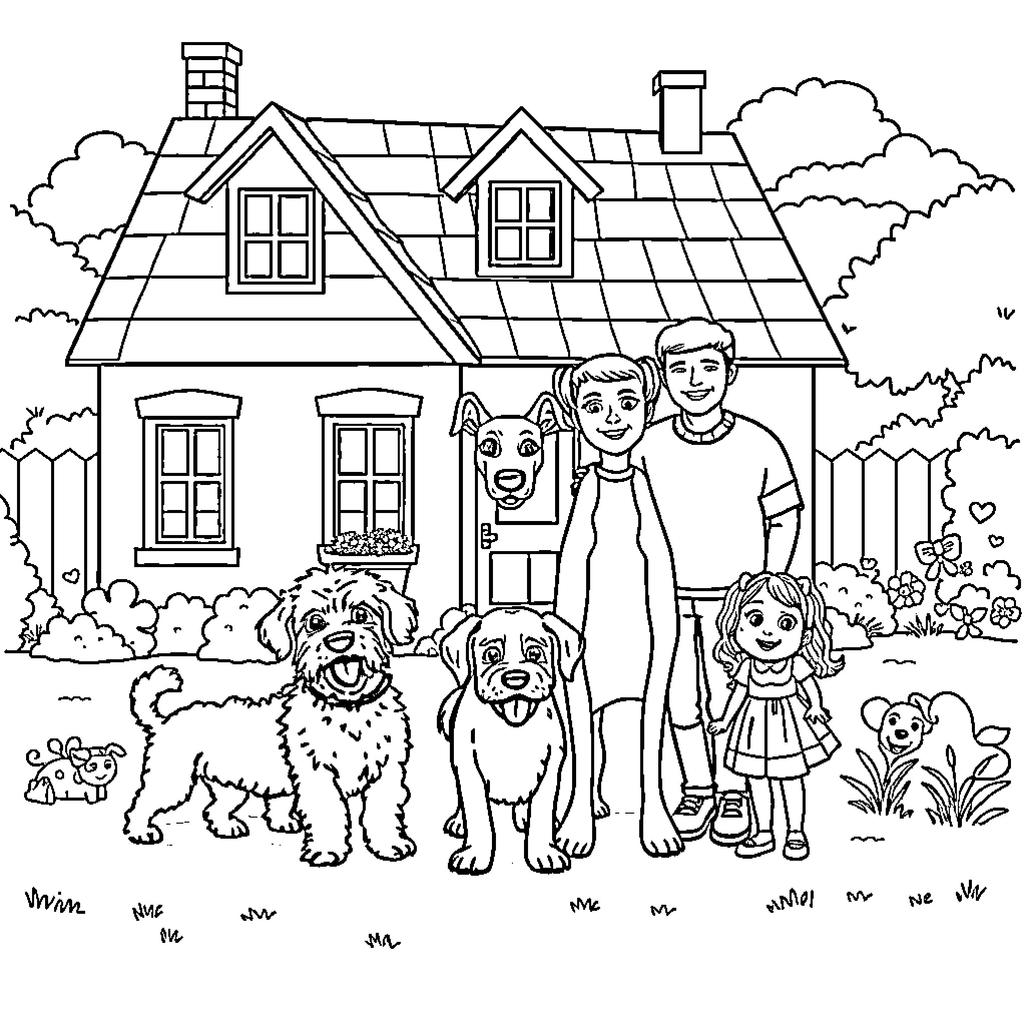 House with Family and Pets Enjoying Outdoors Coloring Page (free black-and-white line drawing printable PDF for all, from beginners to advanced learners, including children, teens, adults, and seniors)