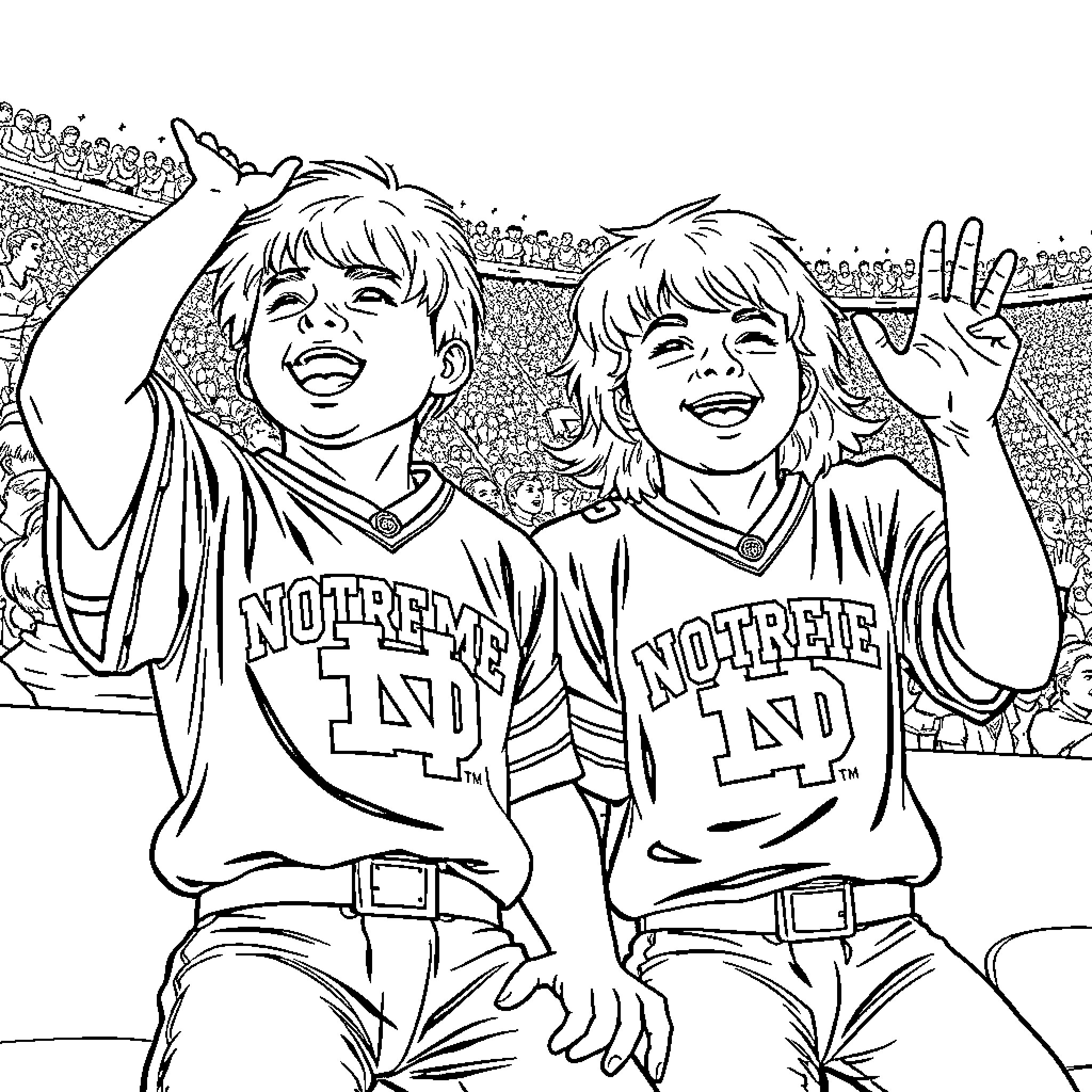 Sam and Frodo Cheering Excitedly at a Game Coloring Page (free black-and-white line drawing printable PDF for all, from beginners to advanced learners, including children, teens, adults, and seniors)