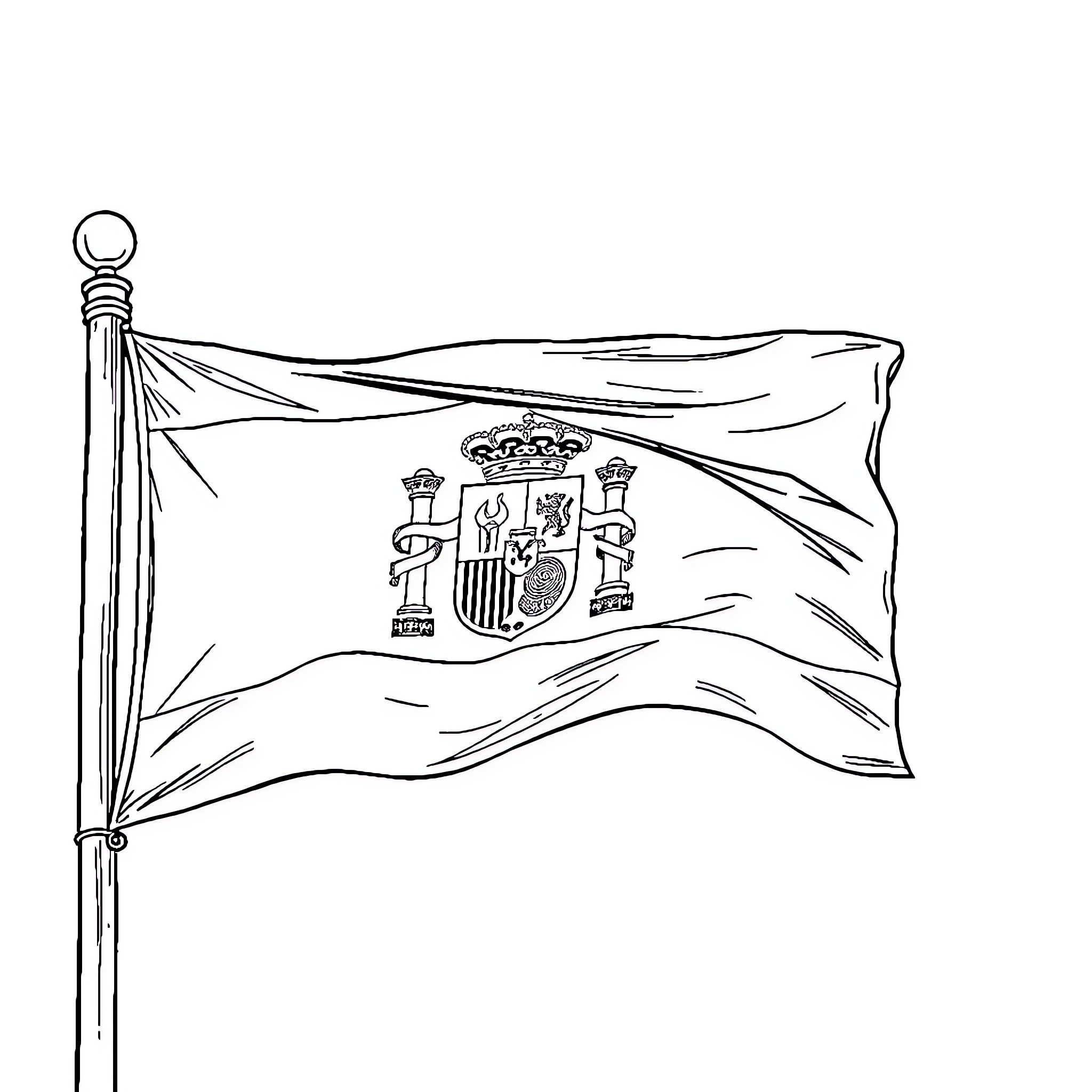 Spain Flag waving with national emblem Coloring Page (free black-and-white line drawing printable PDF for all, from beginners to advanced learners, including children, teens, adults, and seniors)