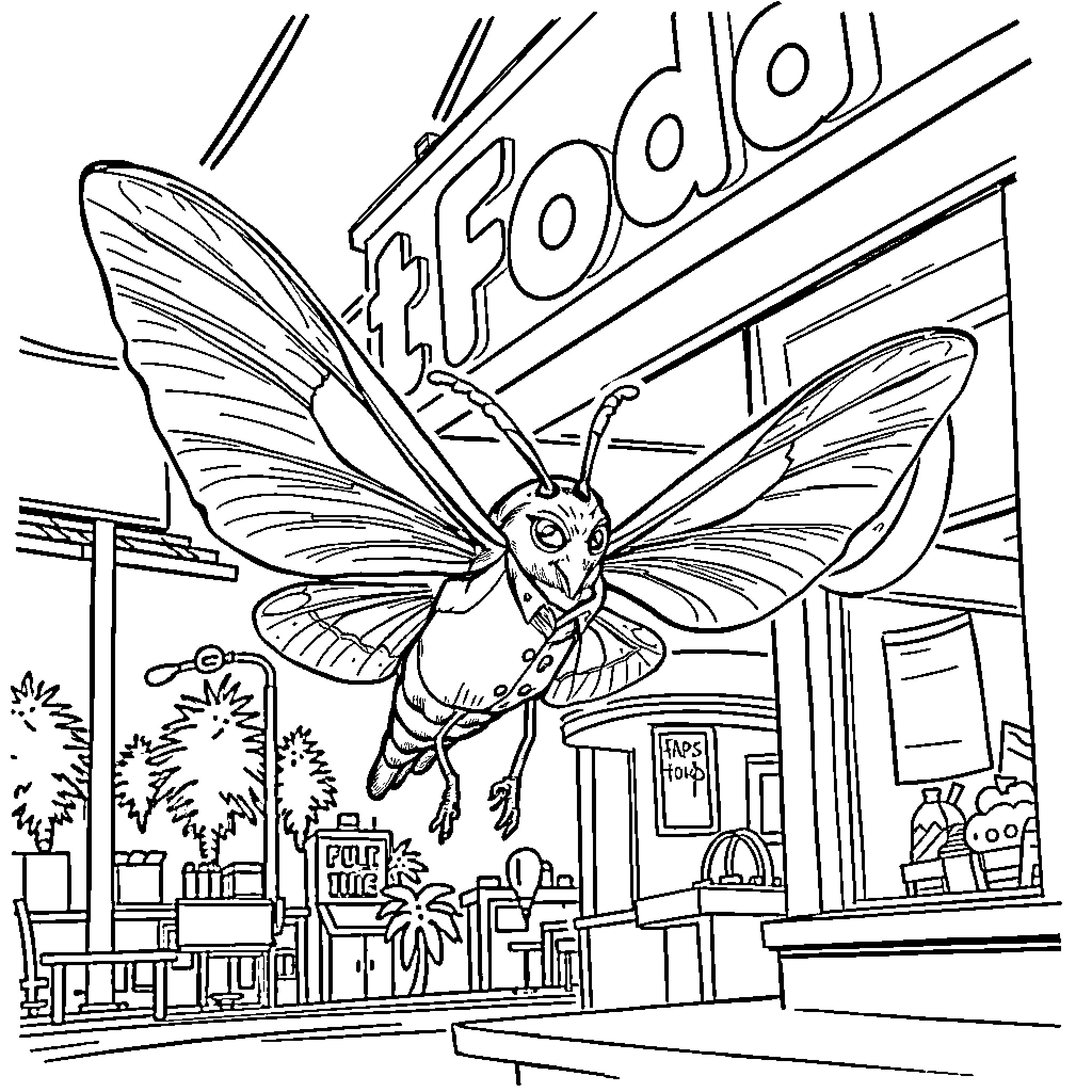Mothman flying over the city at night Coloring Page (free black-and-white line drawing printable PDF for all, from beginners to advanced learners, including children, teens, adults, and seniors)