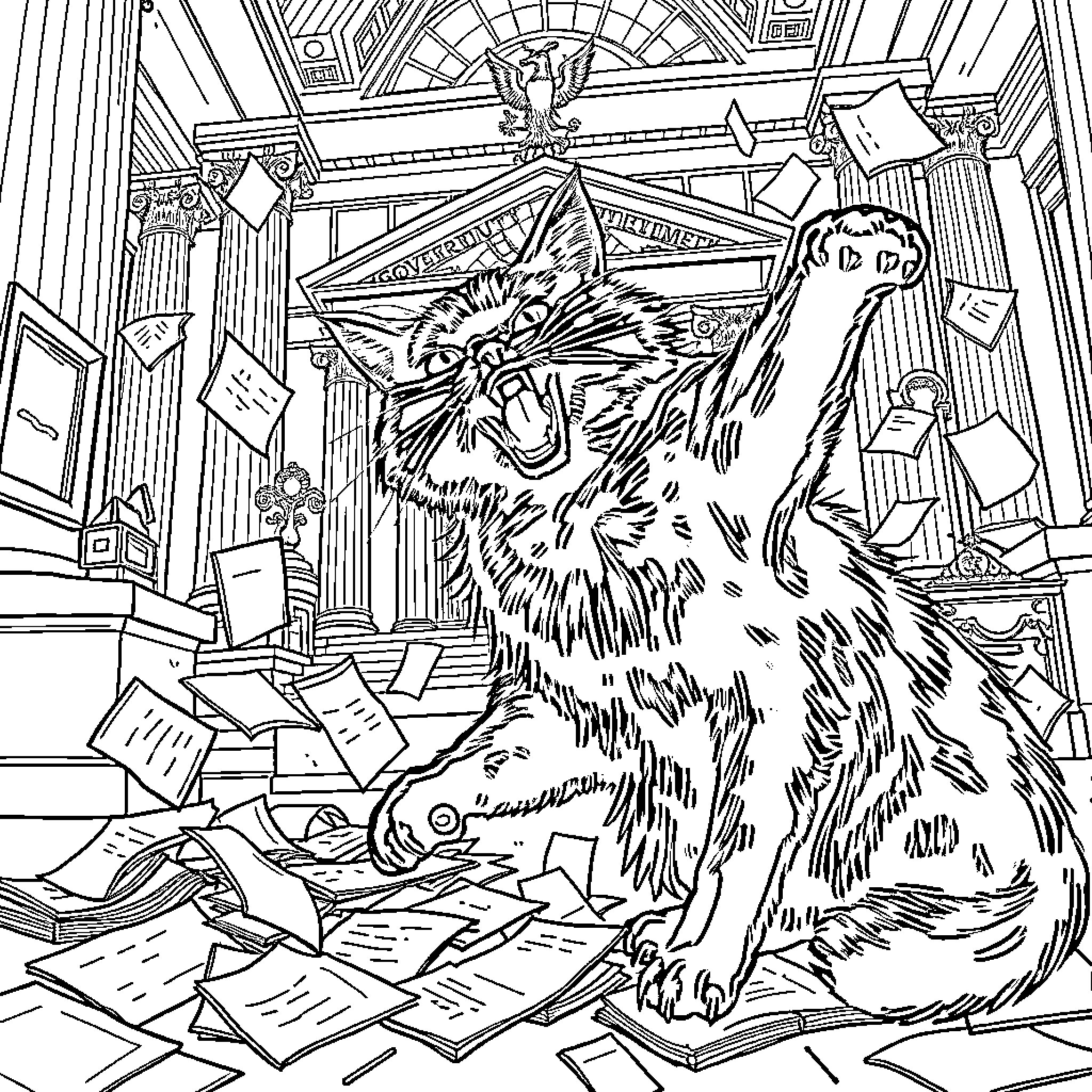 Bombay Cat Causing Mayhem in Ornate Room Coloring Page (free black-and-white line drawing printable PDF for all, from beginners to advanced learners, including children, teens, adults, and seniors)