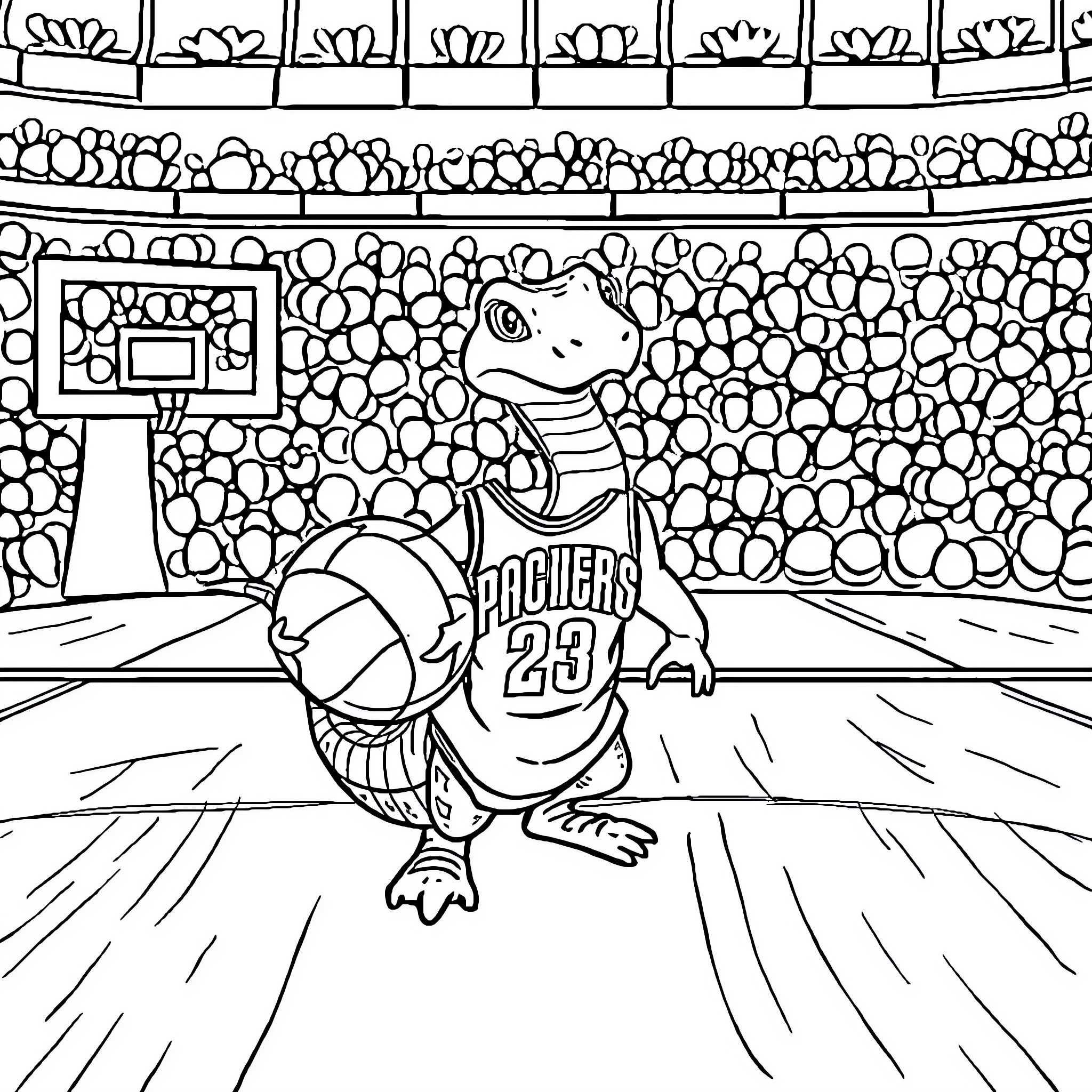 Snake playing basketball in the court Coloring Page (free black-and-white line drawing printable PDF for all, from beginners to advanced learners, including children, teens, adults, and seniors)