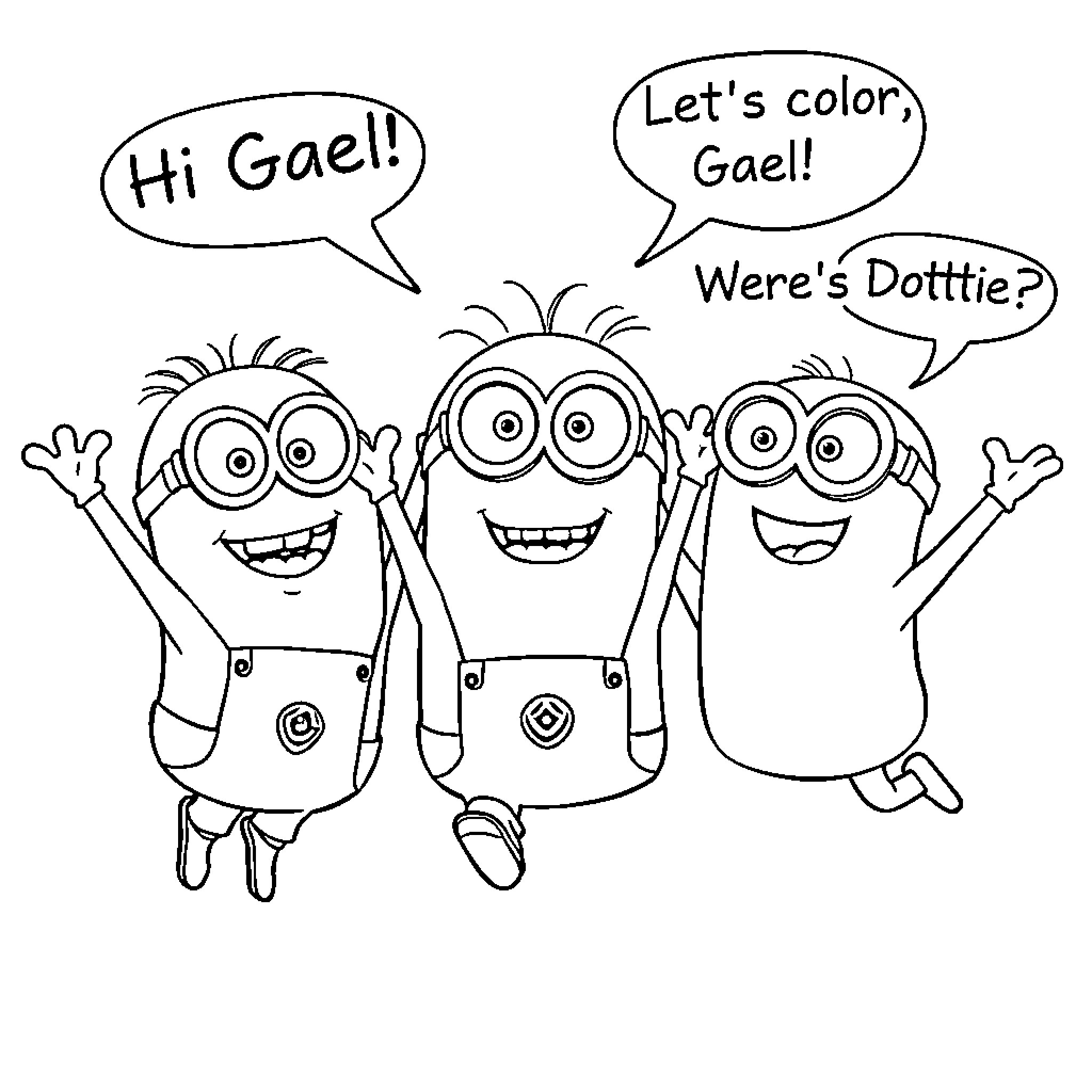 Minions having fun and interacting with each other Coloring Page (free black-and-white line drawing printable PDF for all, from beginners to advanced learners, including children, teens, adults, and seniors)