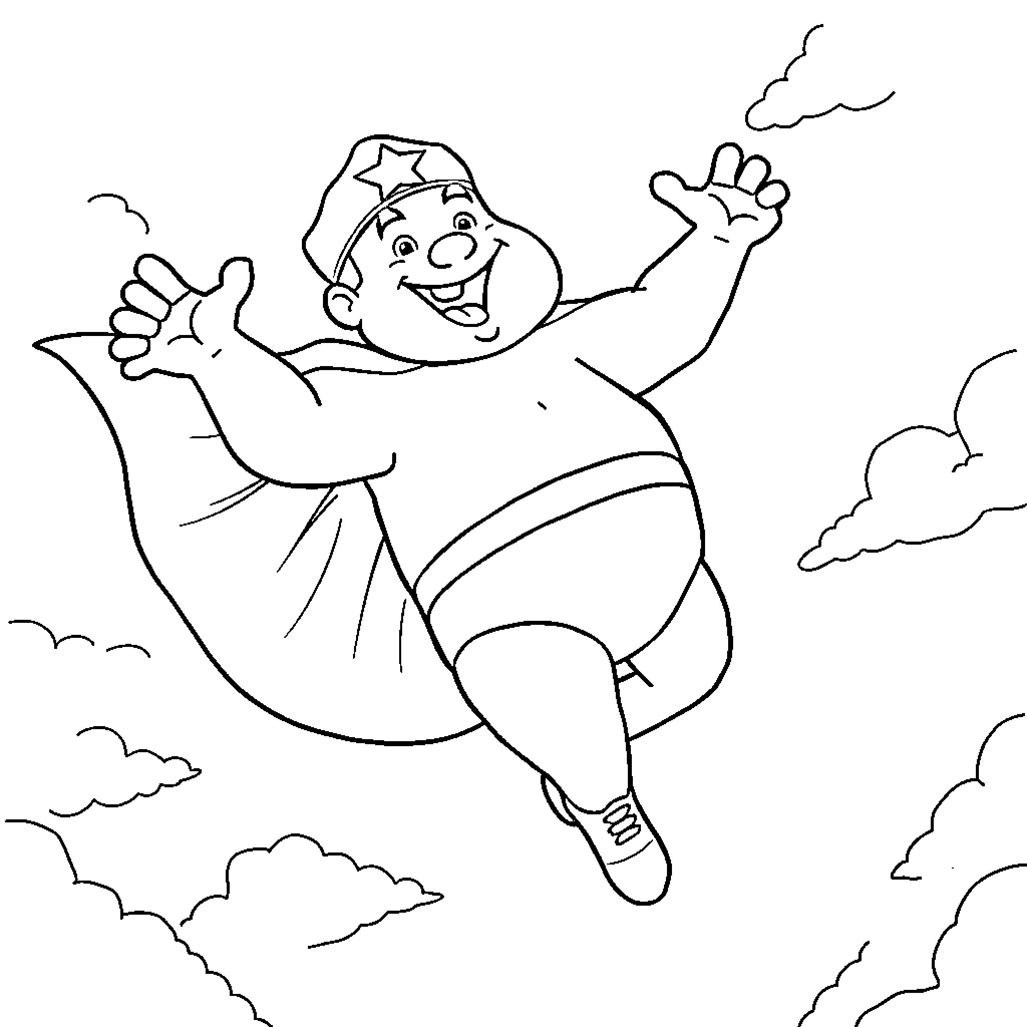Captain Underpants soaring through the clouds Coloring Page (free black-and-white line drawing printable PDF for all, from beginners to advanced learners, including children, teens, adults, and seniors)