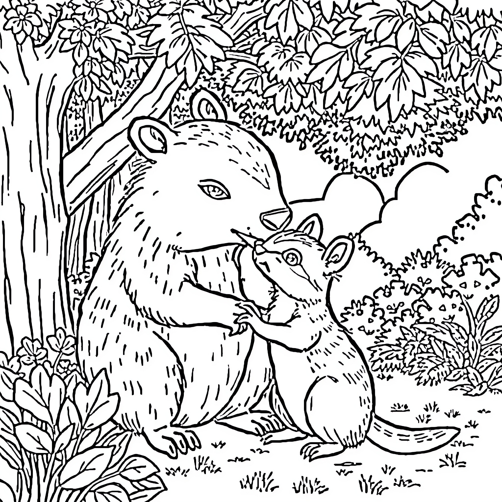Capybara and Squirrel in the Lush Foliage Coloring Page (free black-and-white line drawing printable PDF for all, from beginners to advanced learners, including children, teens, adults, and seniors)