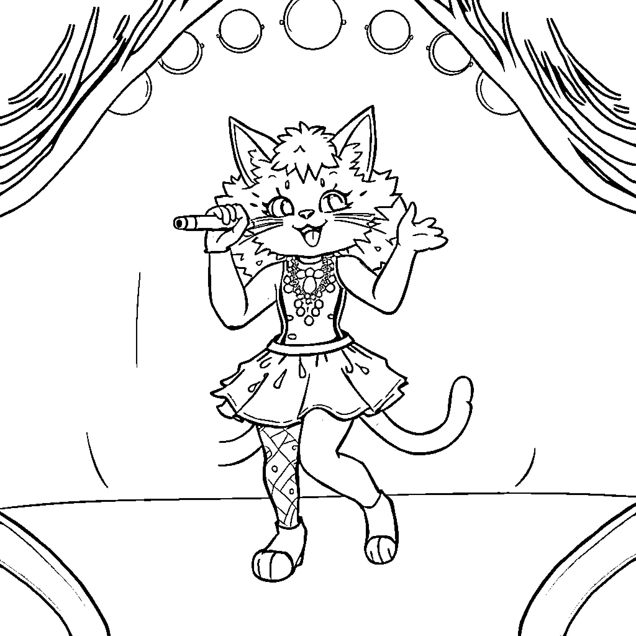 Doja Cat performing on stage with a microphone Coloring Page (free black-and-white line drawing printable PDF for all, from beginners to advanced learners, including children, teens, adults, and seniors)