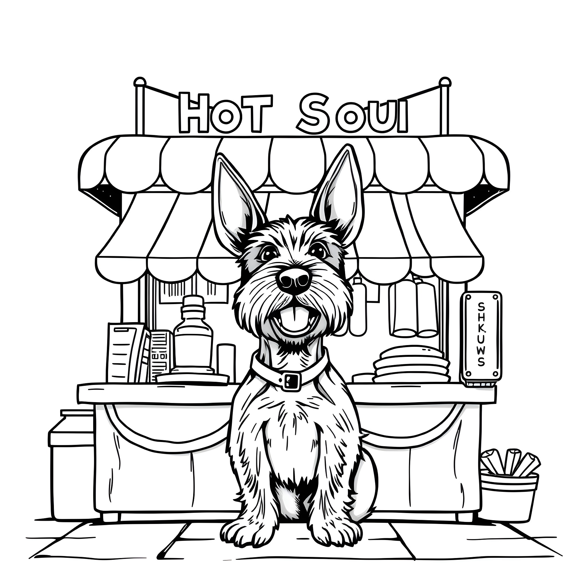 Schnauzer works as a hot dog vendor Coloring Page (free black-and-white line drawing printable PDF for all, from beginners to advanced learners, including children, teens, adults, and seniors)