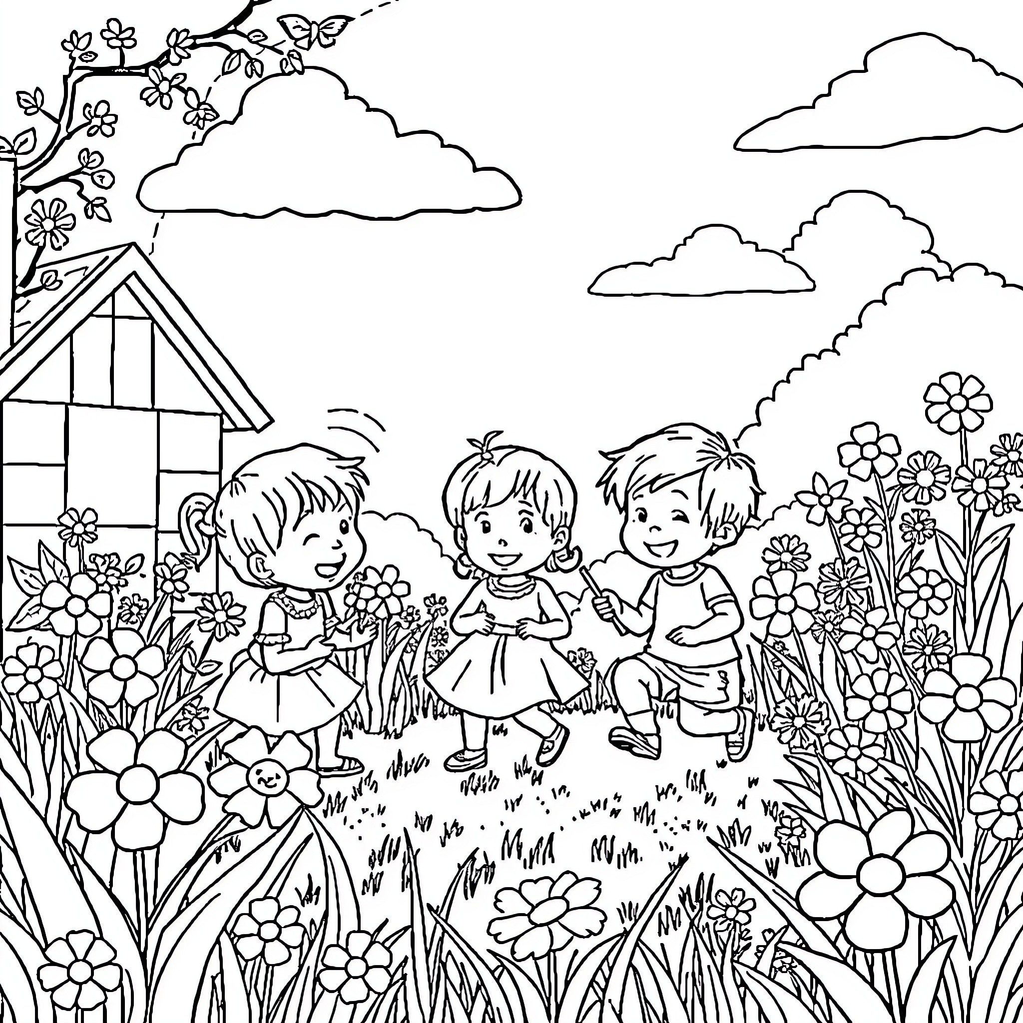 Kids playing joyfully in a floral garden Coloring Page (free black-and-white line drawing printable PDF for all, from beginners to advanced learners, including children, teens, adults, and seniors)