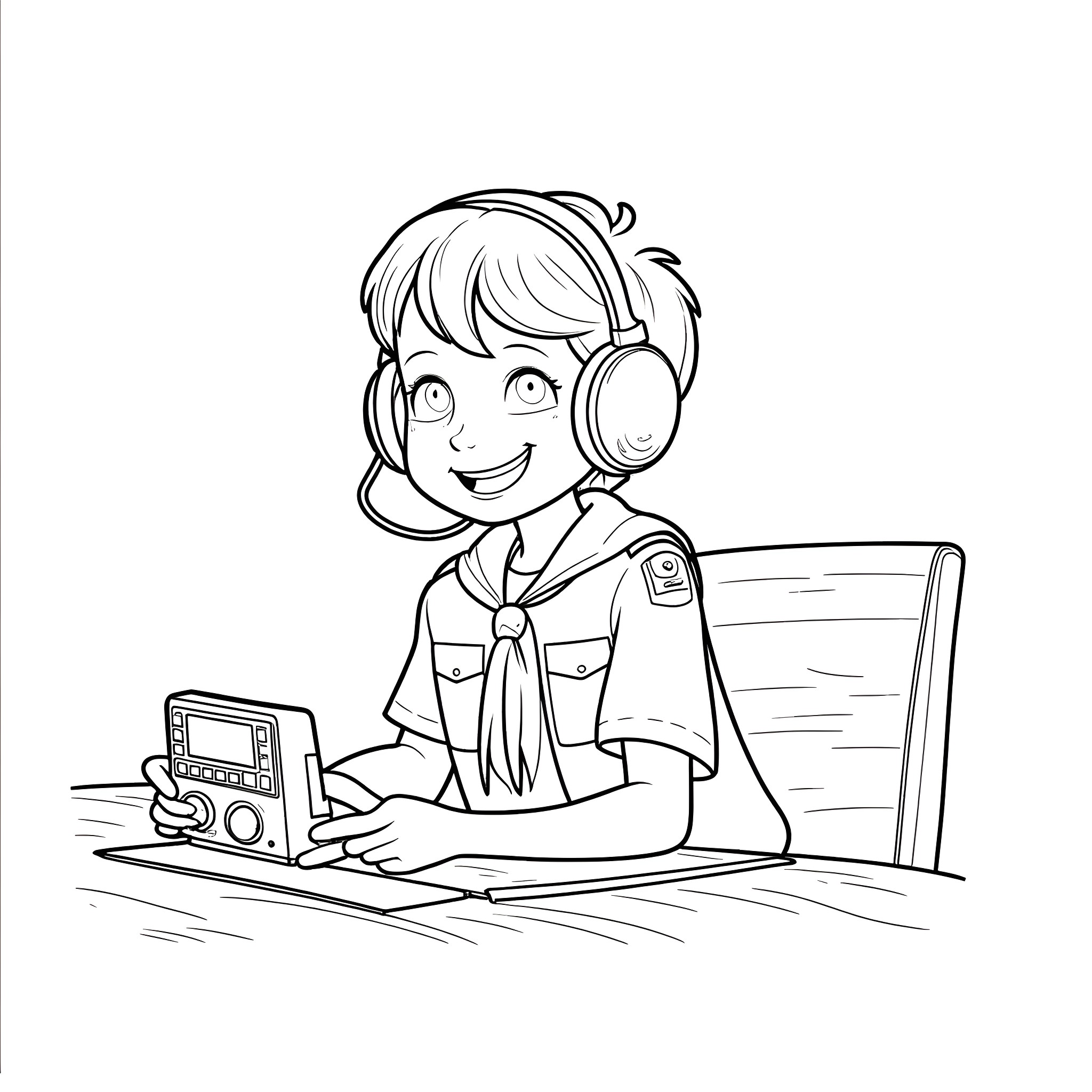 Boyscout listens to radio with headphones Coloring Page (free black-and-white line drawing printable PDF for all, from beginners to advanced learners, including children, teens, adults, and seniors)
