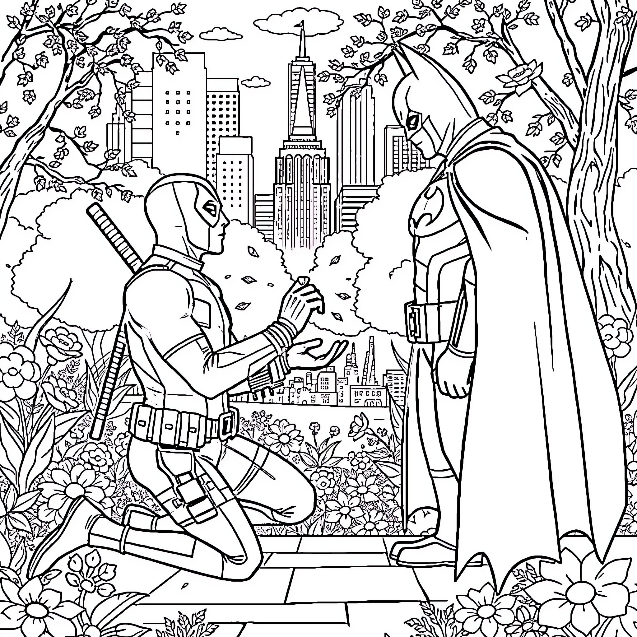 Deadpool's Playful Antics in the City Landscape Coloring Page (free black-and-white line drawing printable PDF for all, from beginners to advanced learners, including children, teens, adults, and seniors)