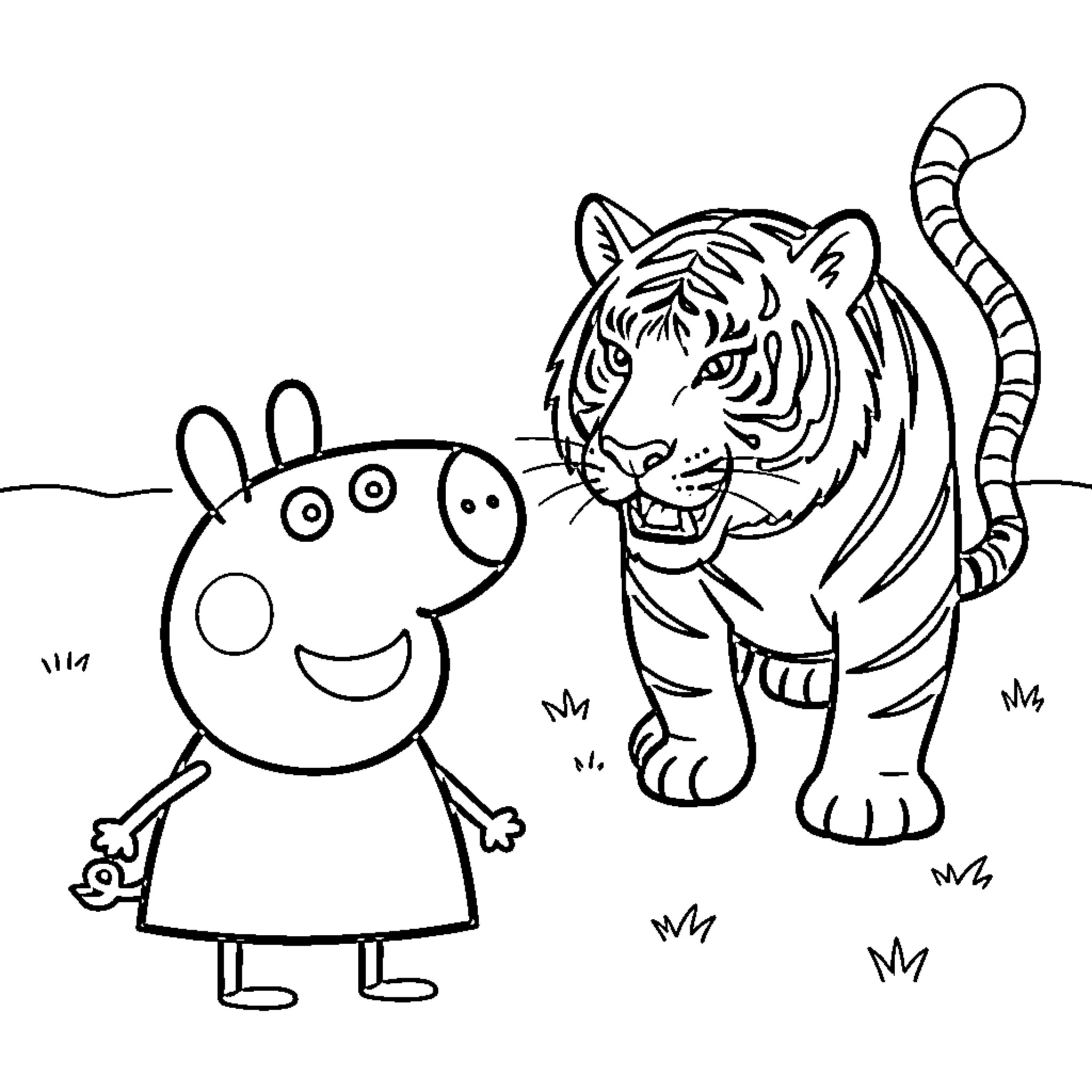 Peppa Pig smiling while looking at a tiger Coloring Page (free black-and-white line drawing printable PDF for all, from beginners to advanced learners, including children, teens, adults, and seniors)