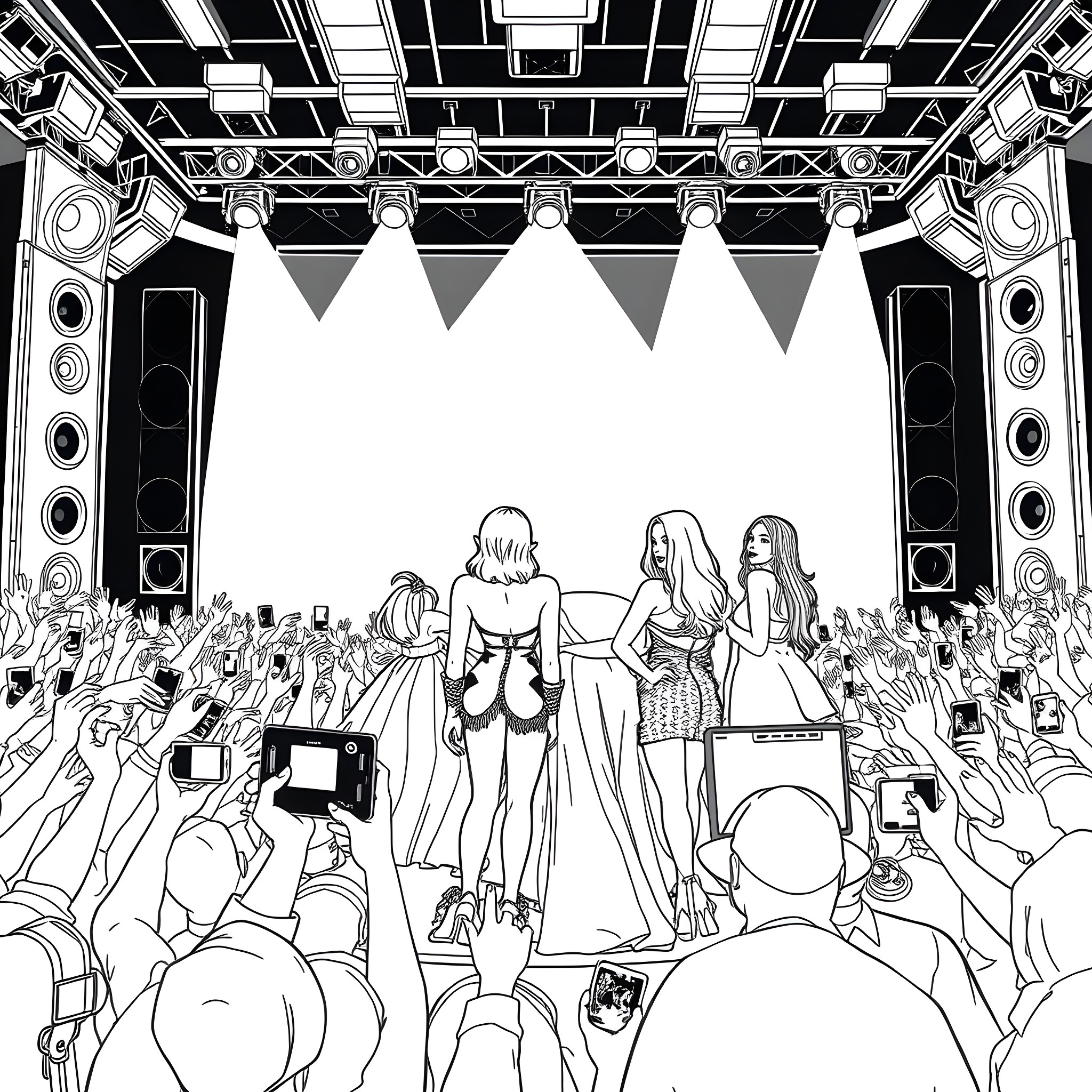 Singer performing on stage before an audience Coloring Page (free black-and-white line drawing printable PDF for all, from beginners to advanced learners, including children, teens, adults, and seniors)