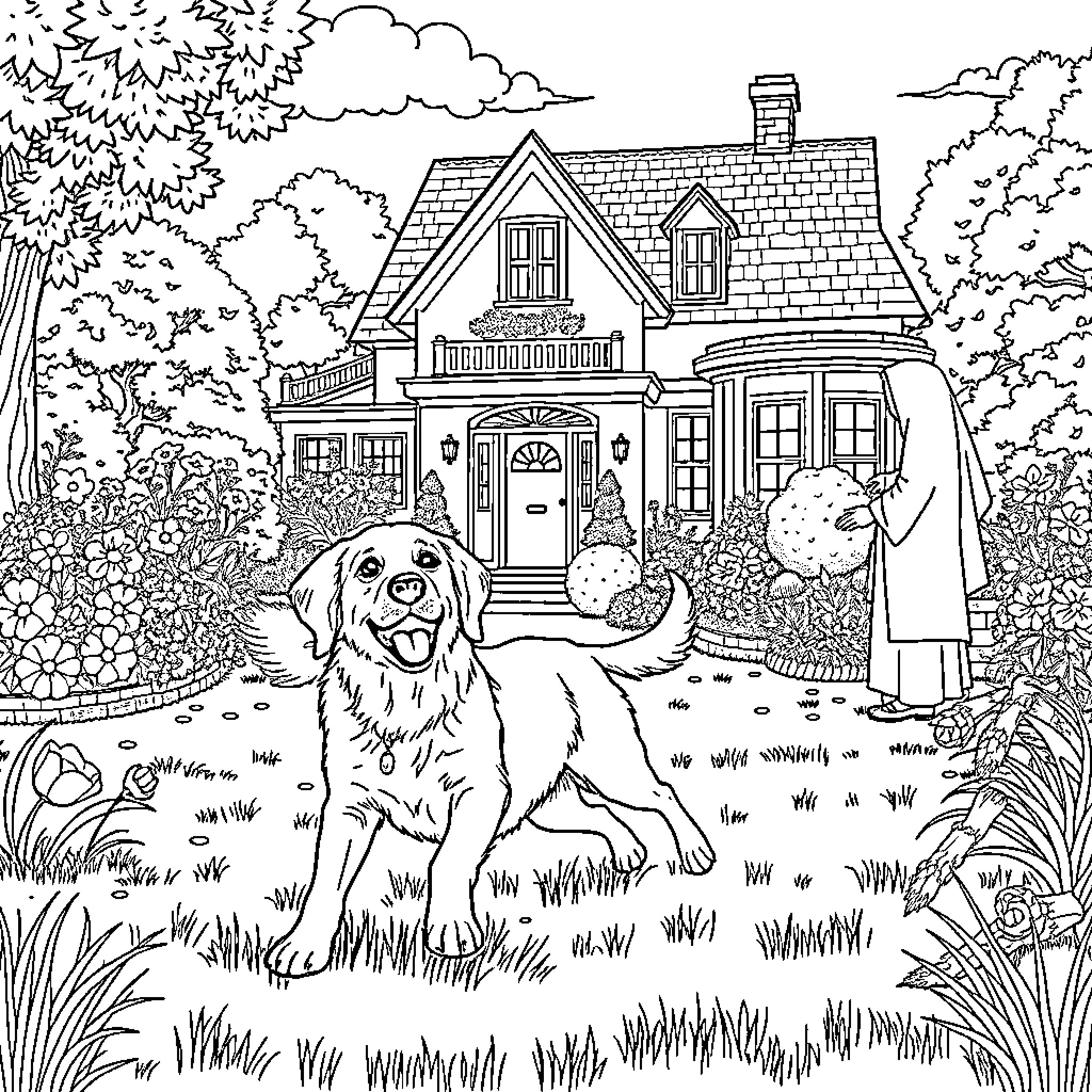 Golden Retriever playing happily in a lush garden Coloring Page (free black-and-white line drawing printable PDF for all, from beginners to advanced learners, including children, teens, adults, and seniors)