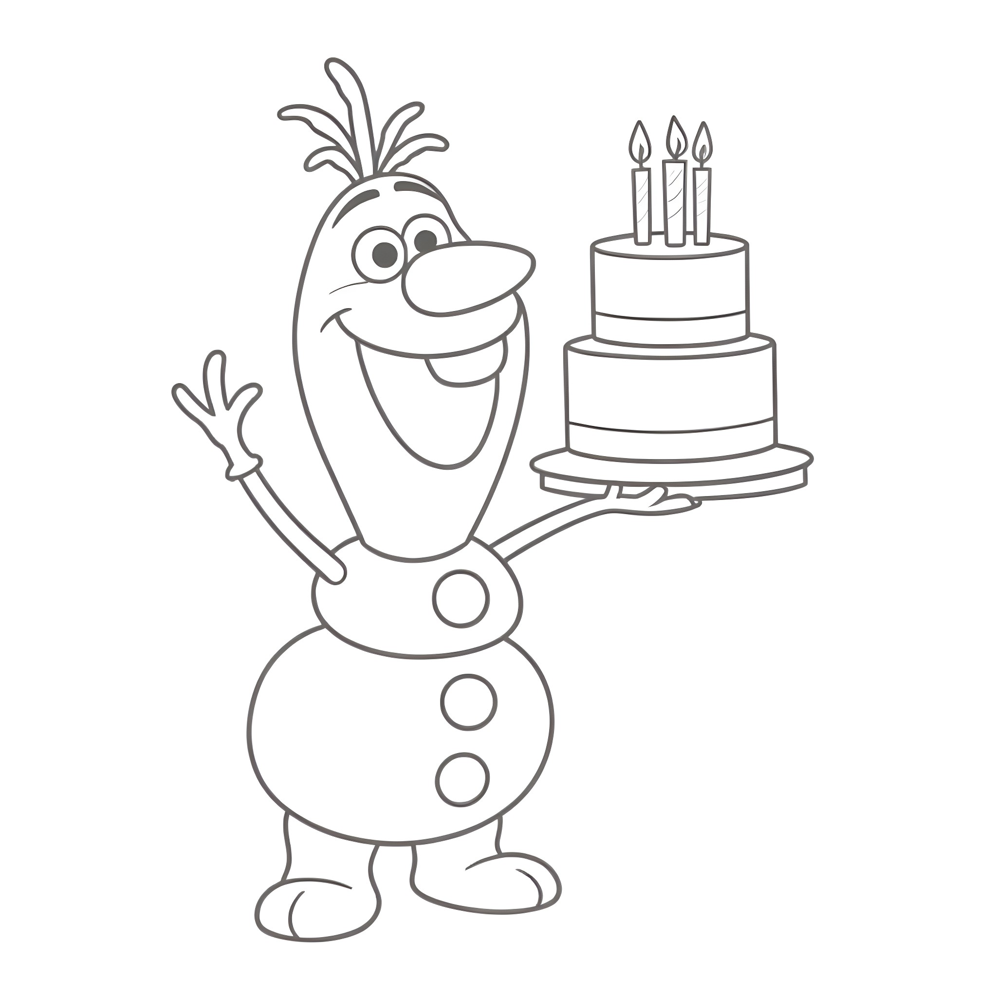 Olaf celebrating birthday with cake Coloring Page (free black-and-white line drawing printable PDF for all, from beginners to advanced learners, including children, teens, adults, and seniors)