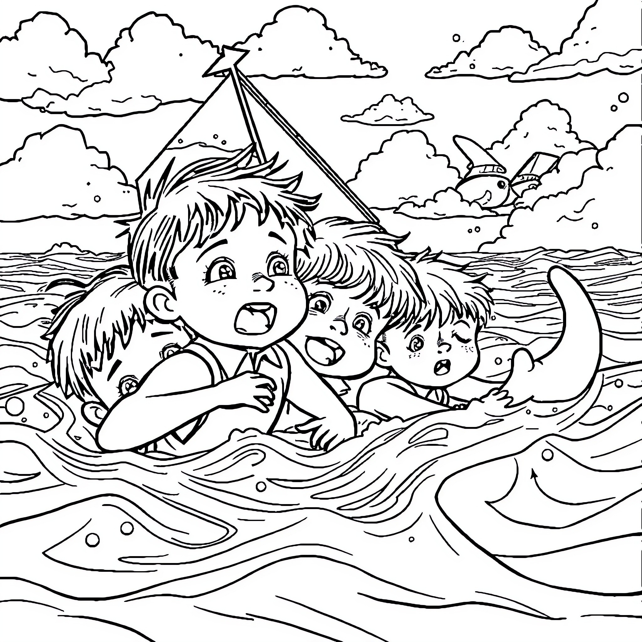 Kid shipwrecked on stormy seas with friends Coloring Page (free black-and-white line drawing printable PDF for all, from beginners to advanced learners, including children, teens, adults, and seniors)