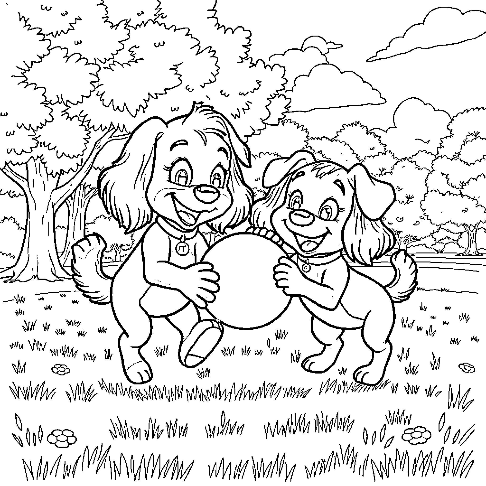 Bluey and Bingo Playing in the Park Coloring Page (free black-and-white line drawing printable PDF for all, from beginners to advanced learners, including children, teens, adults, and seniors)