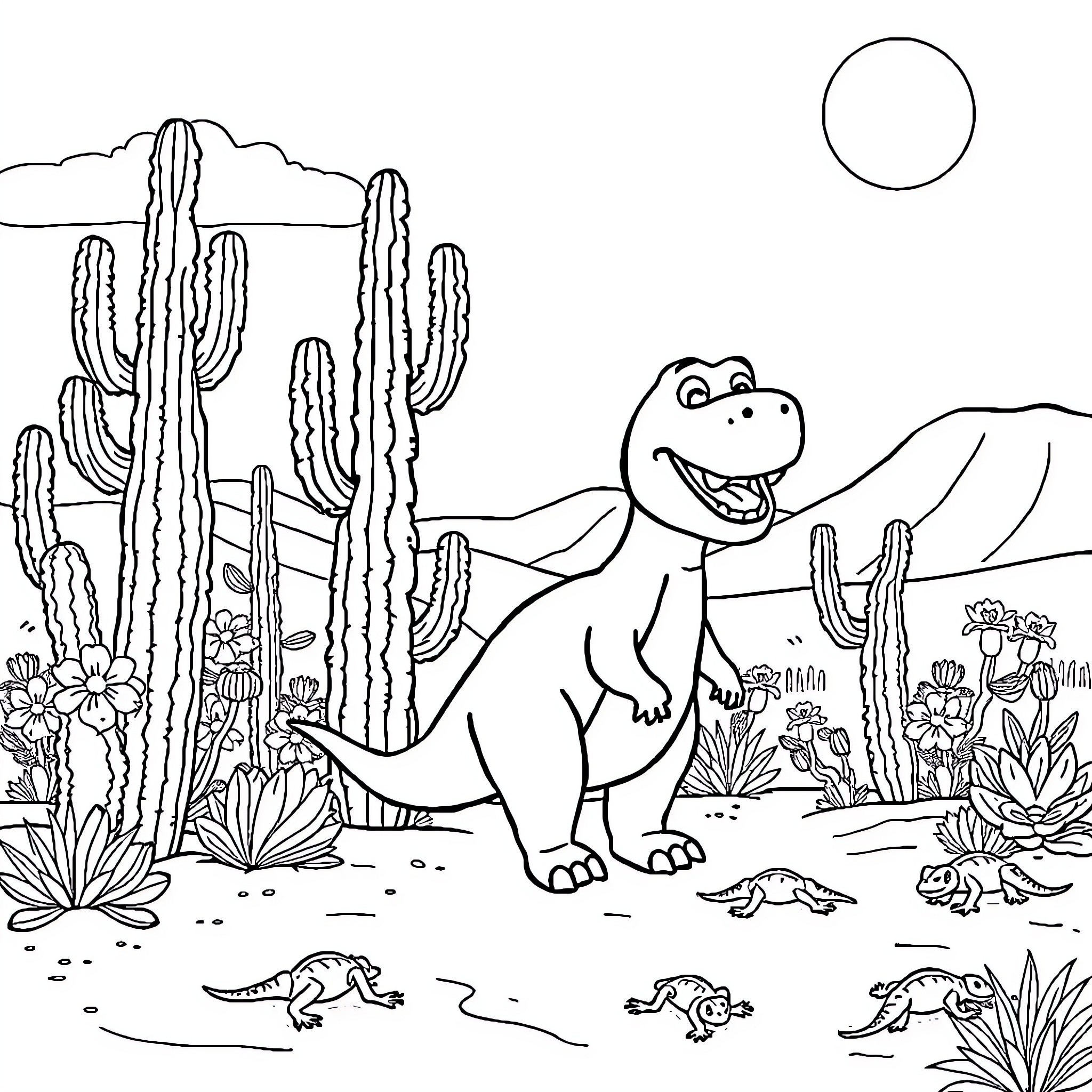 Barney enjoying the desert scenery with his animal friends Coloring Page (free black-and-white line drawing printable PDF for all, from beginners to advanced learners, including children, teens, adults, and seniors)