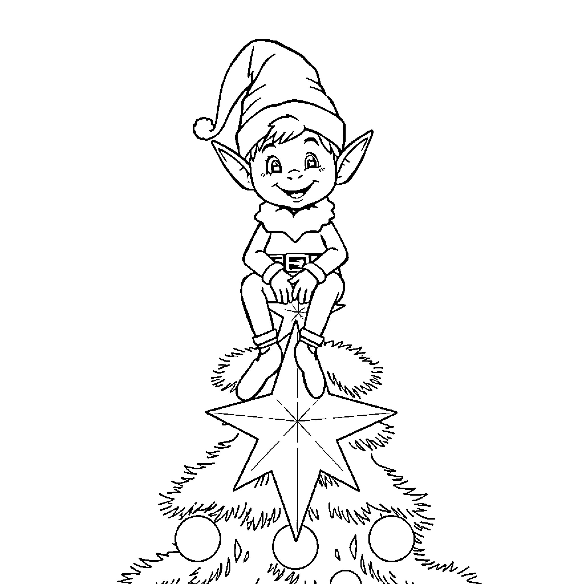 Elf sitting joyfully on a star-shaped decoration Coloring Page (free black-and-white line drawing printable PDF for all, from beginners to advanced learners, including children, teens, adults, and seniors)