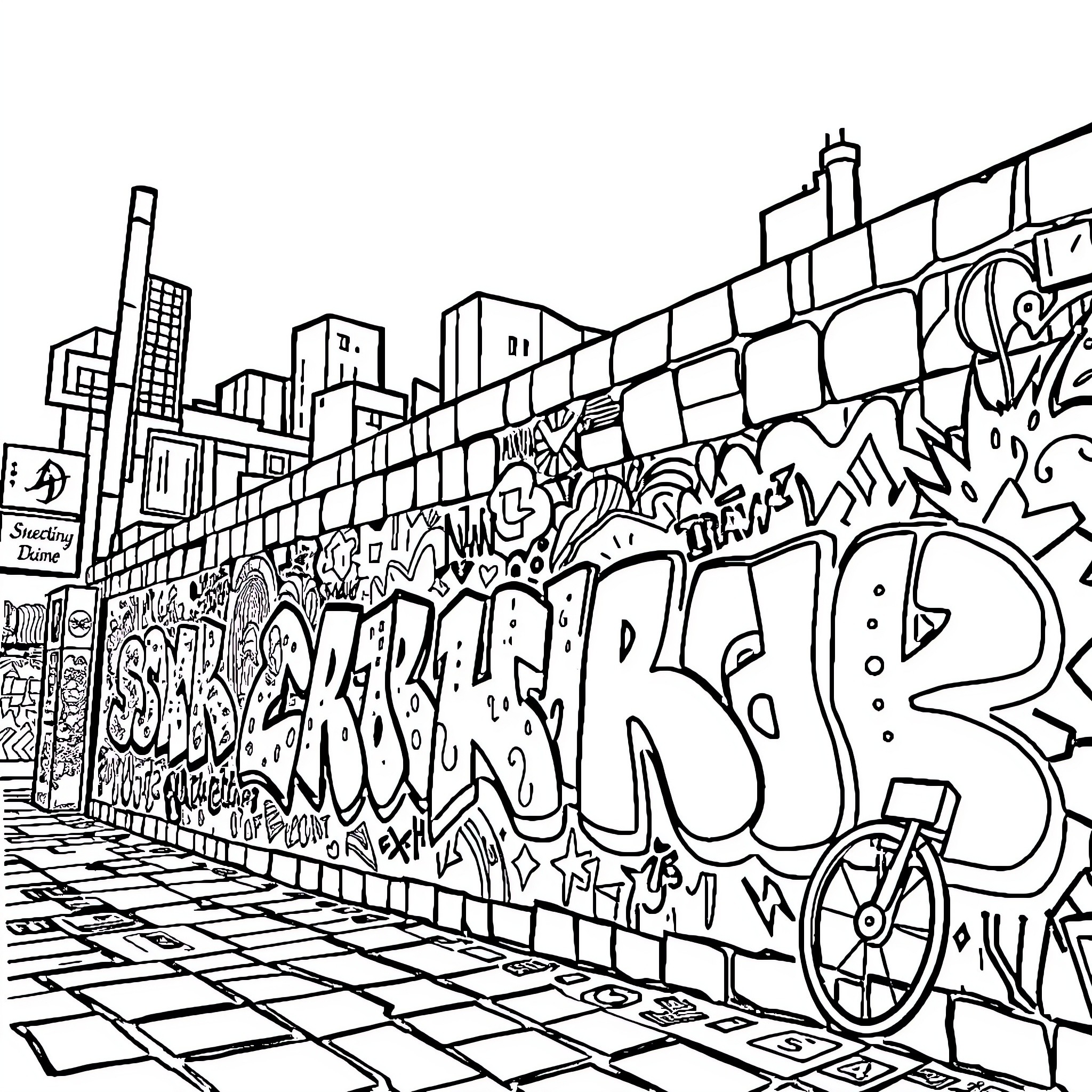 Graffiti-covered walls in an urban landscape Coloring Page (free black-and-white line drawing printable PDF for all, from beginners to advanced learners, including children, teens, adults, and seniors)