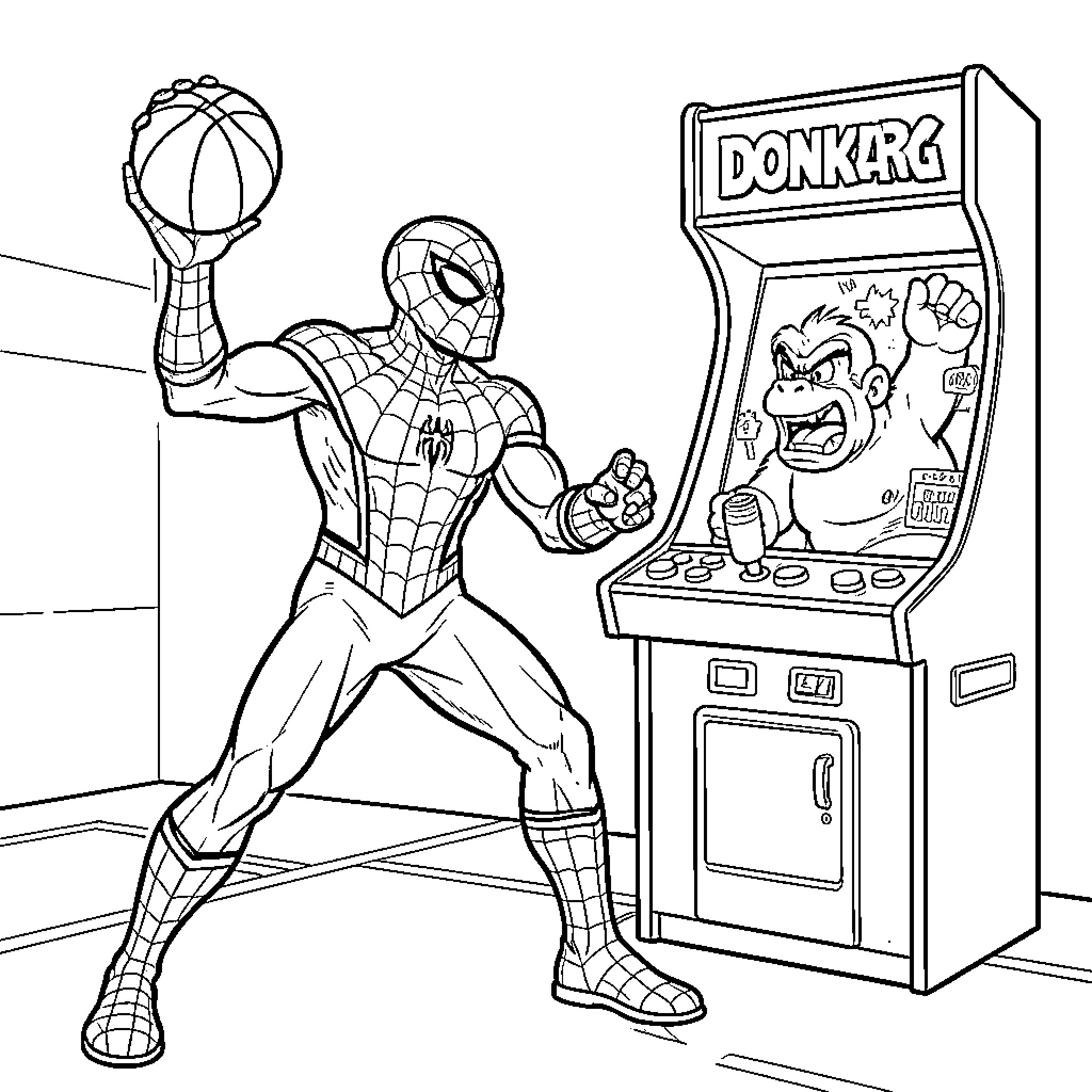Spiderman playing basketball and enjoying an arcade game Coloring Page (free black-and-white line drawing printable PDF for all, from beginners to advanced learners, including children, teens, adults, and seniors)