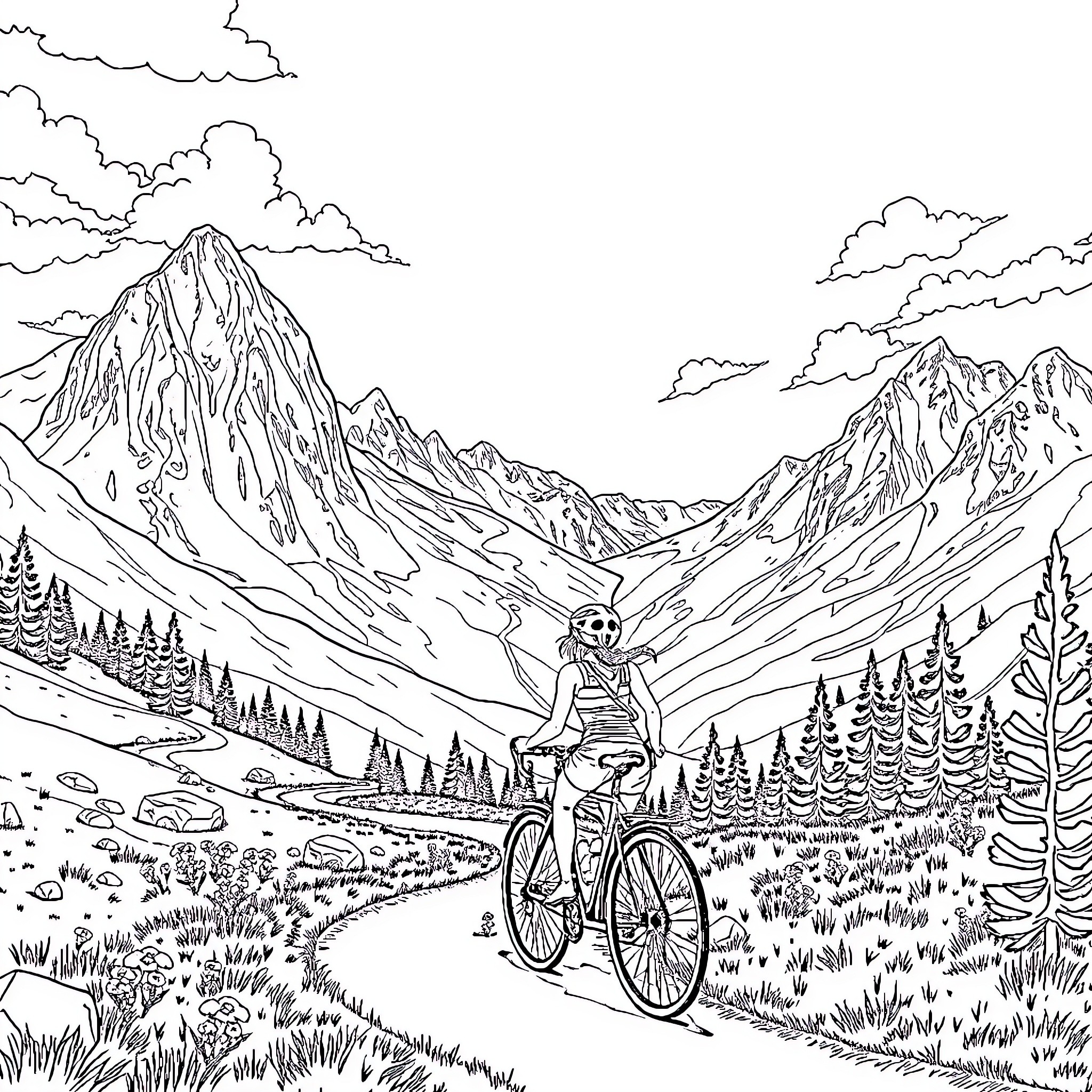 Moana riding a bicycle through a mountain landscape Coloring Page (free black-and-white line drawing printable PDF for all, from beginners to advanced learners, including children, teens, adults, and seniors)