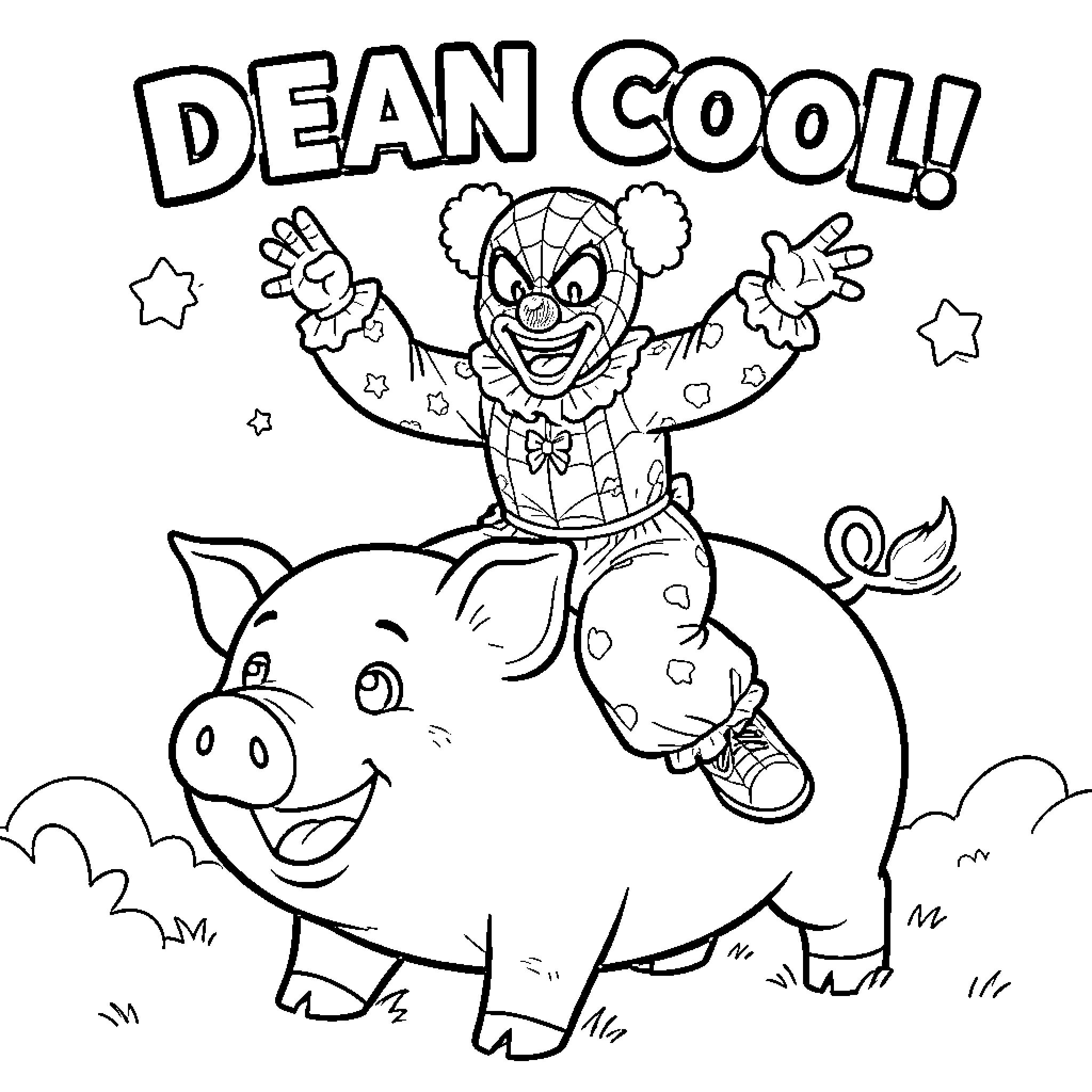 Spiderman Clown Playing with Pig on Cartoon Scene Coloring Page (free black-and-white line drawing printable PDF for all, from beginners to advanced learners, including children, teens, adults, and seniors)