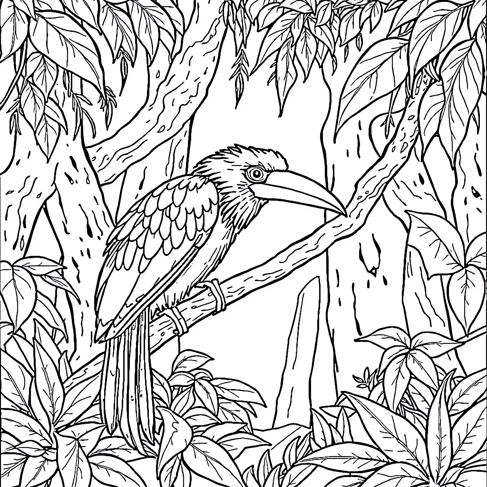 Animal perched on tree branch in dense foliage Coloring Page (free black-and-white line drawing printable PDF for all, from beginners to advanced learners, including children, teens, adults, and seniors)