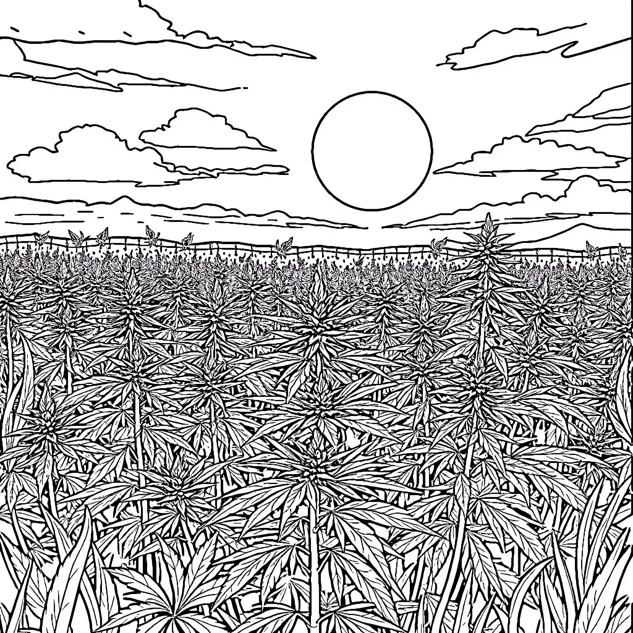 Weed field under the sun and clouds Coloring Page (free black-and-white line drawing printable PDF for all, from beginners to advanced learners, including children, teens, adults, and seniors)