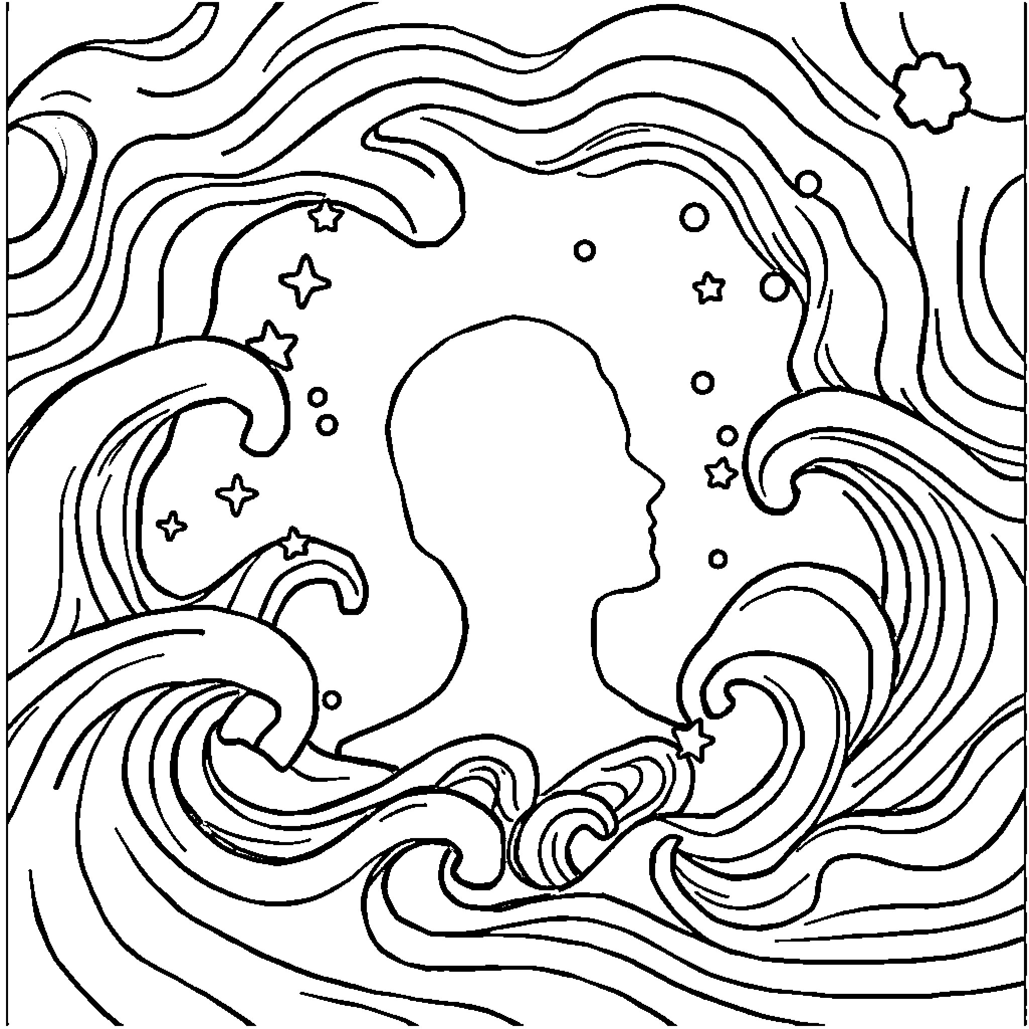Silhouette of a dreaming figure in a surreal landscape Coloring Page (free black-and-white line drawing printable PDF for all, from beginners to advanced learners, including children, teens, adults, and seniors)