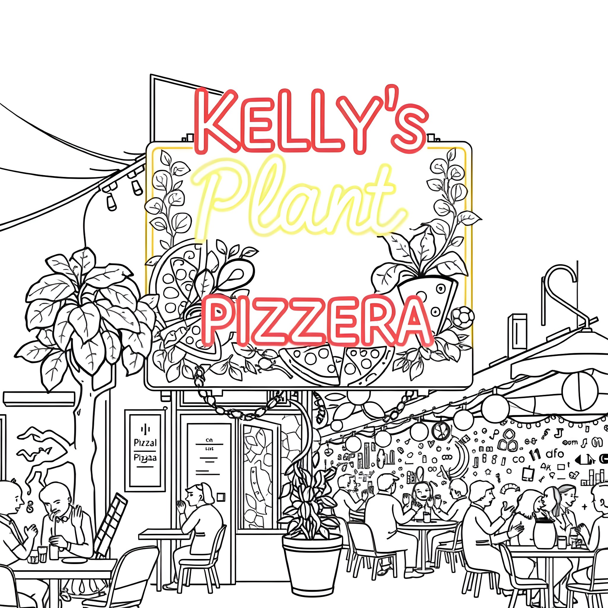 Sign of a lively plant-based pizzeria with customers Coloring Page (free black-and-white line drawing printable PDF for all, from beginners to advanced learners, including children, teens, adults, and seniors)