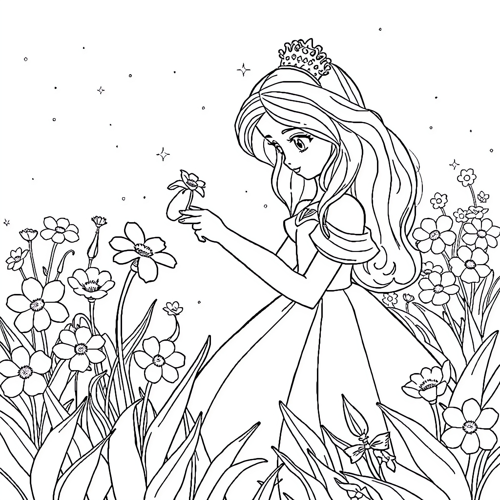 Princess in a Flower Garden Coloring Page (free black-and-white line drawing printable PDF for all, from beginners to advanced learners, including children, teens, adults, and seniors)