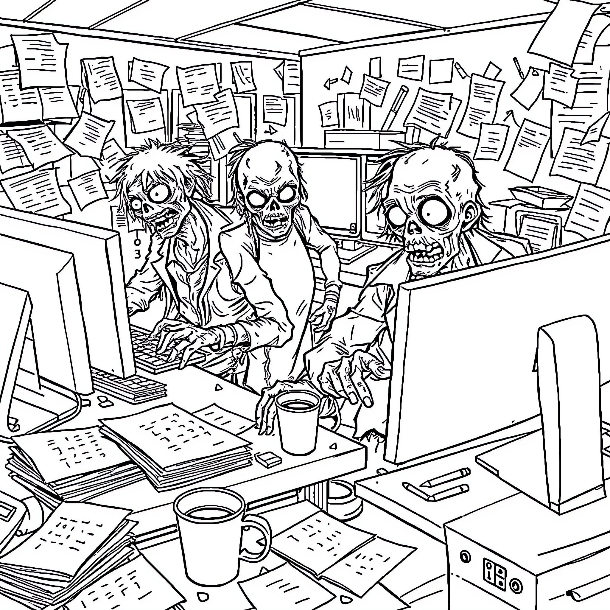 Zombie Office Chaos Coloring Page (free black-and-white line drawing printable PDF for all, from beginners to advanced learners, including children, teens, adults, and seniors)