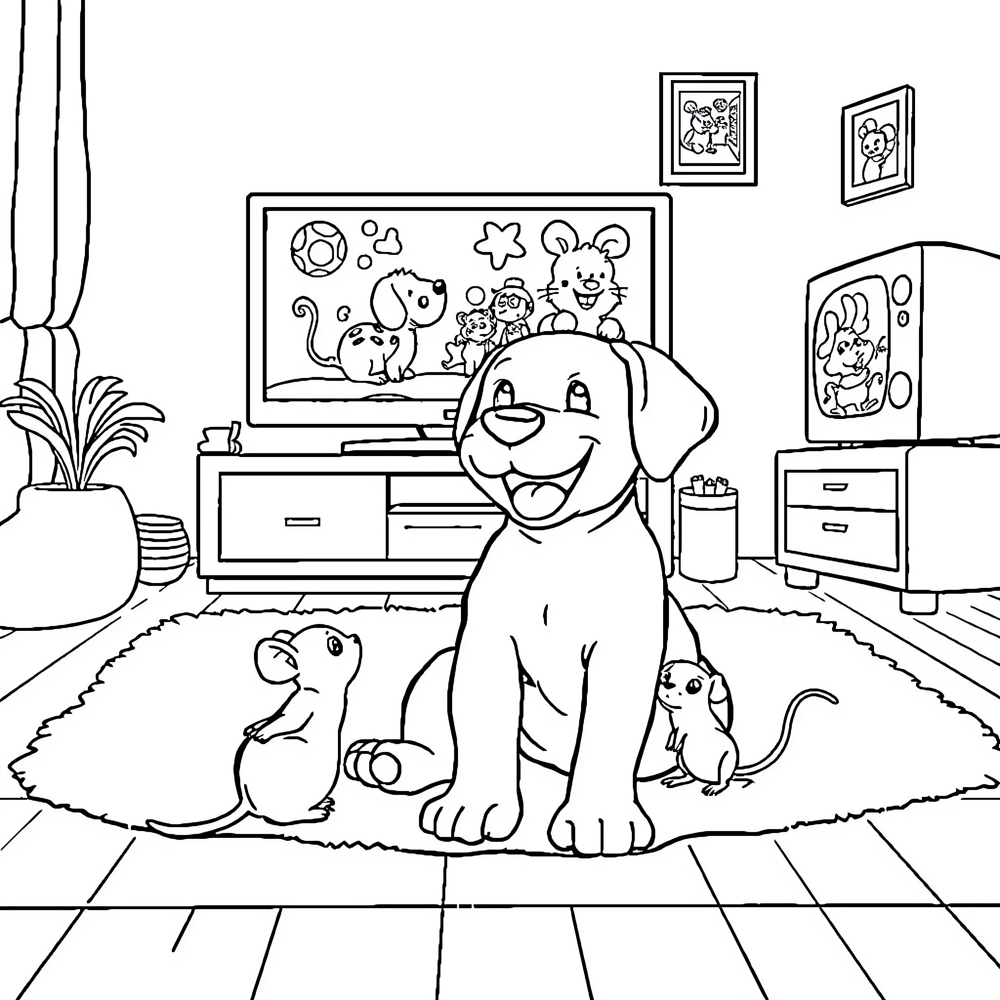 Labrador watching television with cute animal friends Coloring Page (free black-and-white line drawing printable PDF for all, from beginners to advanced learners, including children, teens, adults, and seniors)