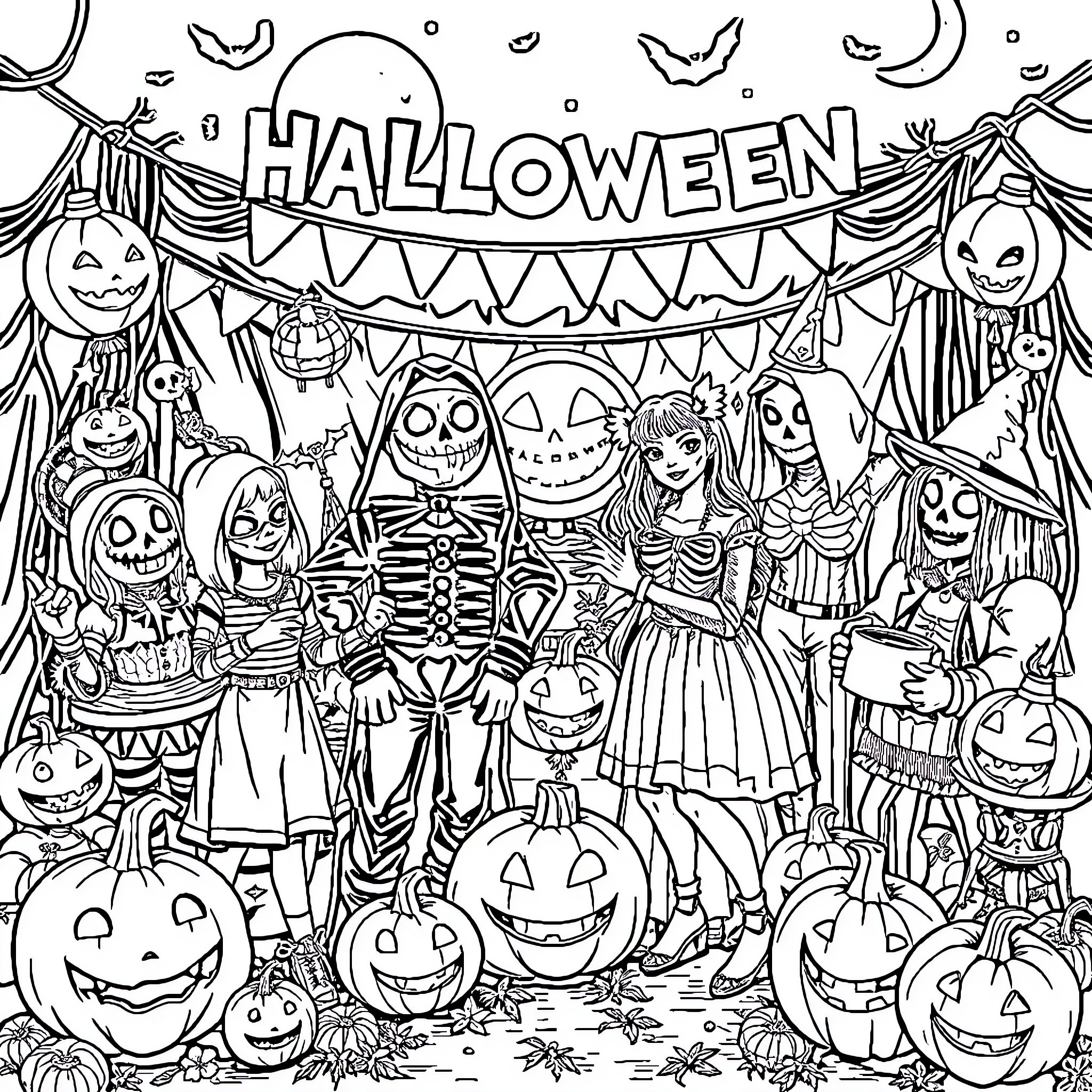 Halloween Celebration with Costumed Characters and Decorations Coloring Page (free black-and-white line drawing printable PDF for all, from beginners to advanced learners, including children, teens, adults, and seniors)