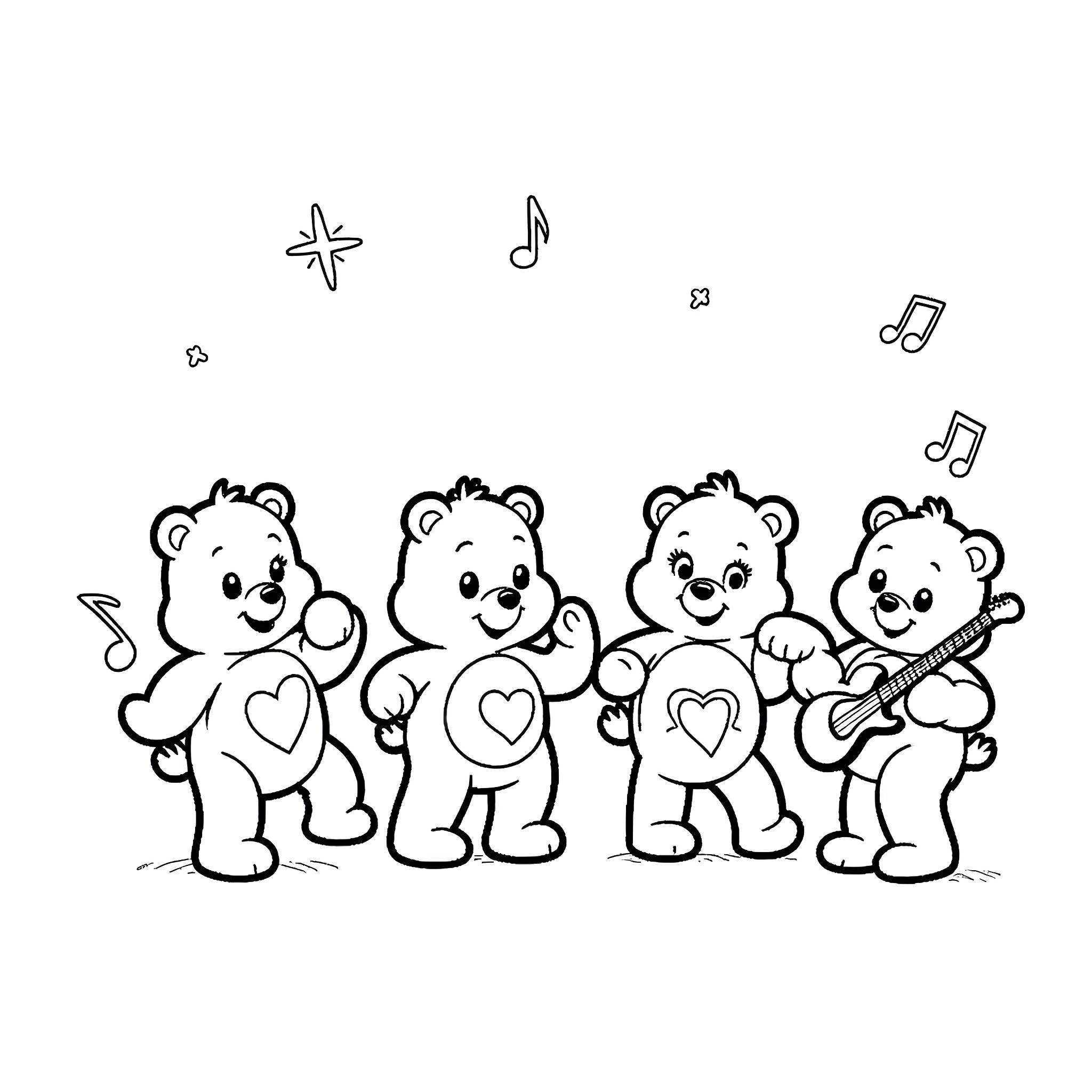 Care Bears dancing and making music together Coloring Page (free black-and-white line drawing printable PDF for all, from beginners to advanced learners, including children, teens, adults, and seniors)
