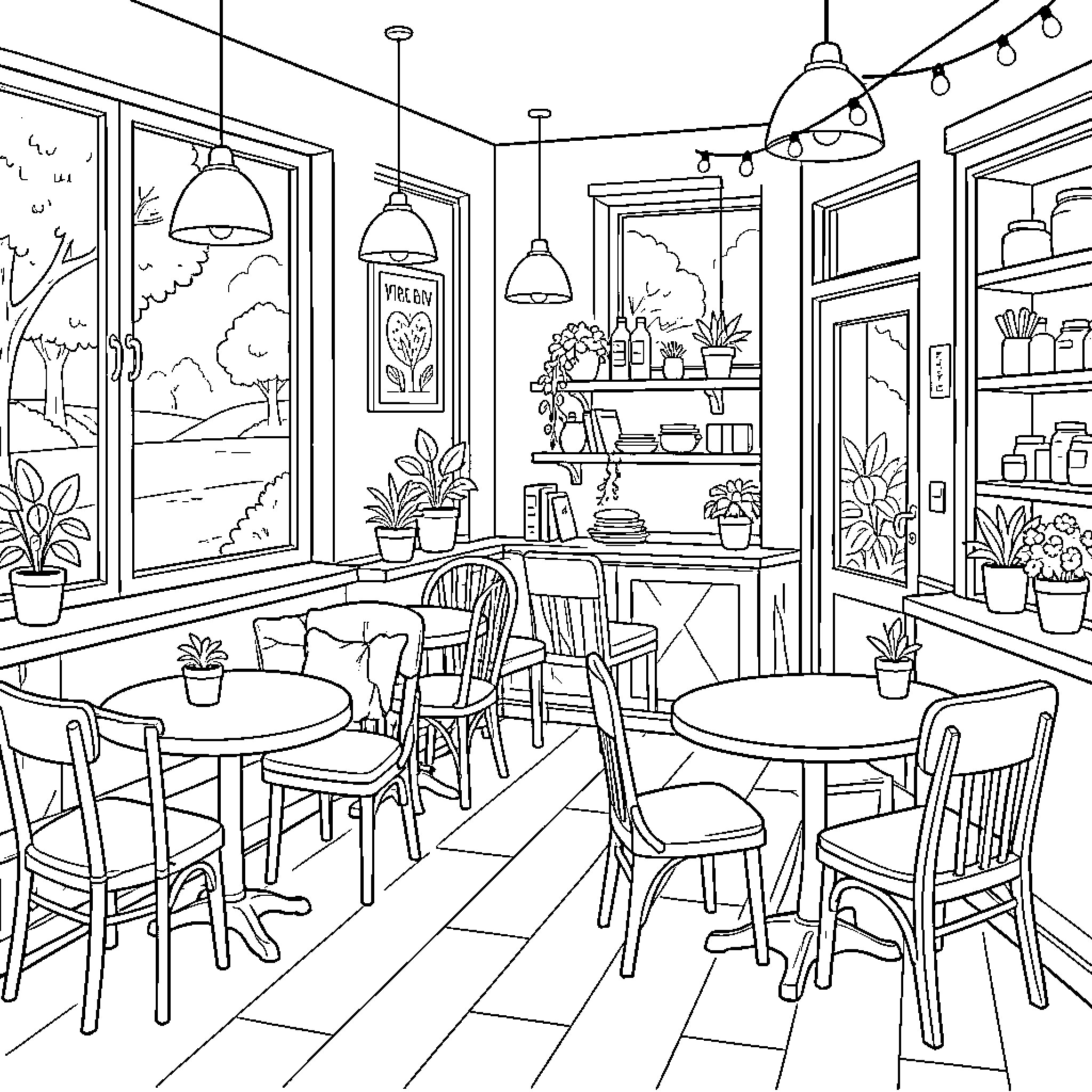 Cafe with quaint indoor seating and decor Coloring Page (free black-and-white line drawing printable PDF for all, from beginners to advanced learners, including children, teens, adults, and seniors)