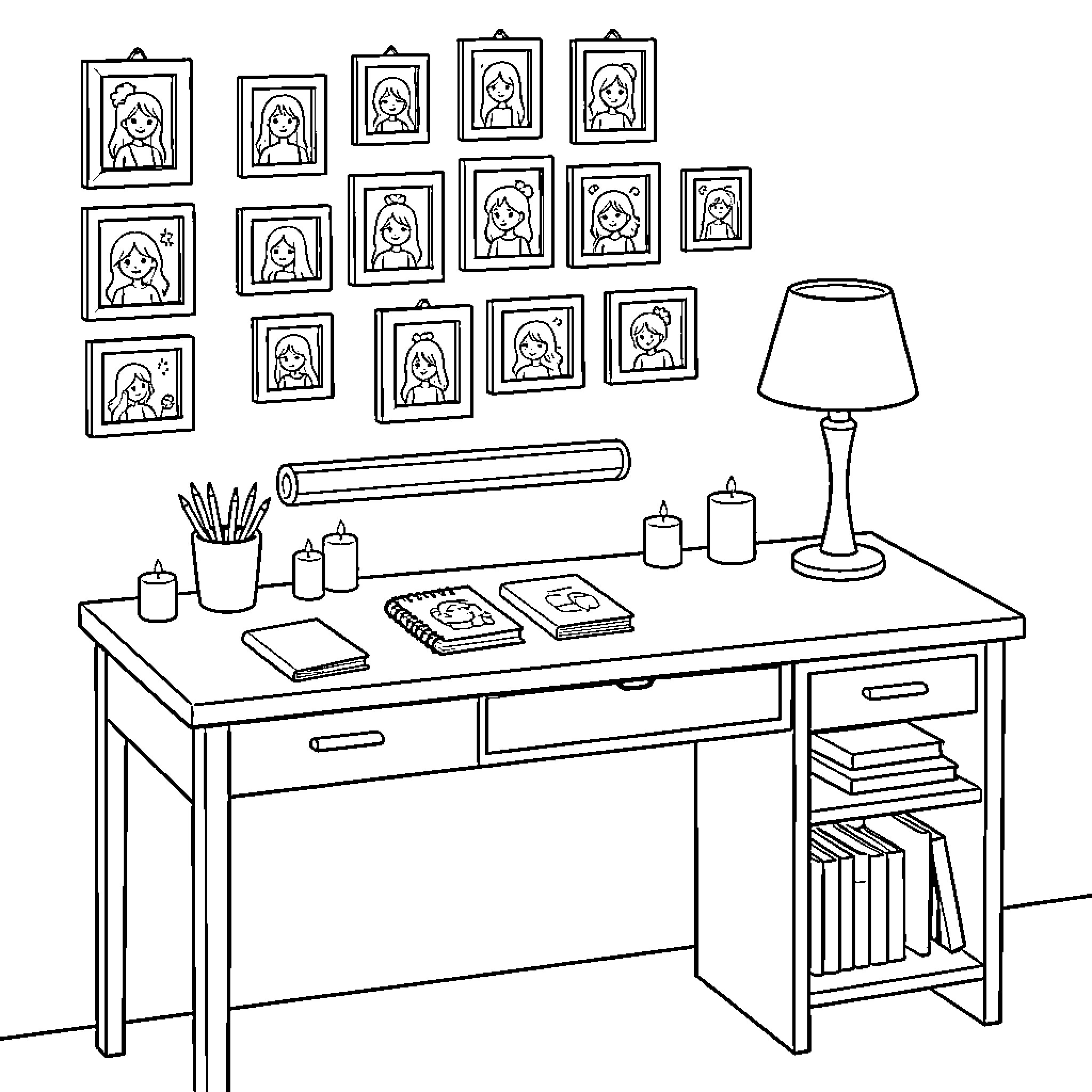 Bureau decorated with framed portraits and study supplies Coloring Page (free black-and-white line drawing printable PDF for all, from beginners to advanced learners, including children, teens, adults, and seniors)