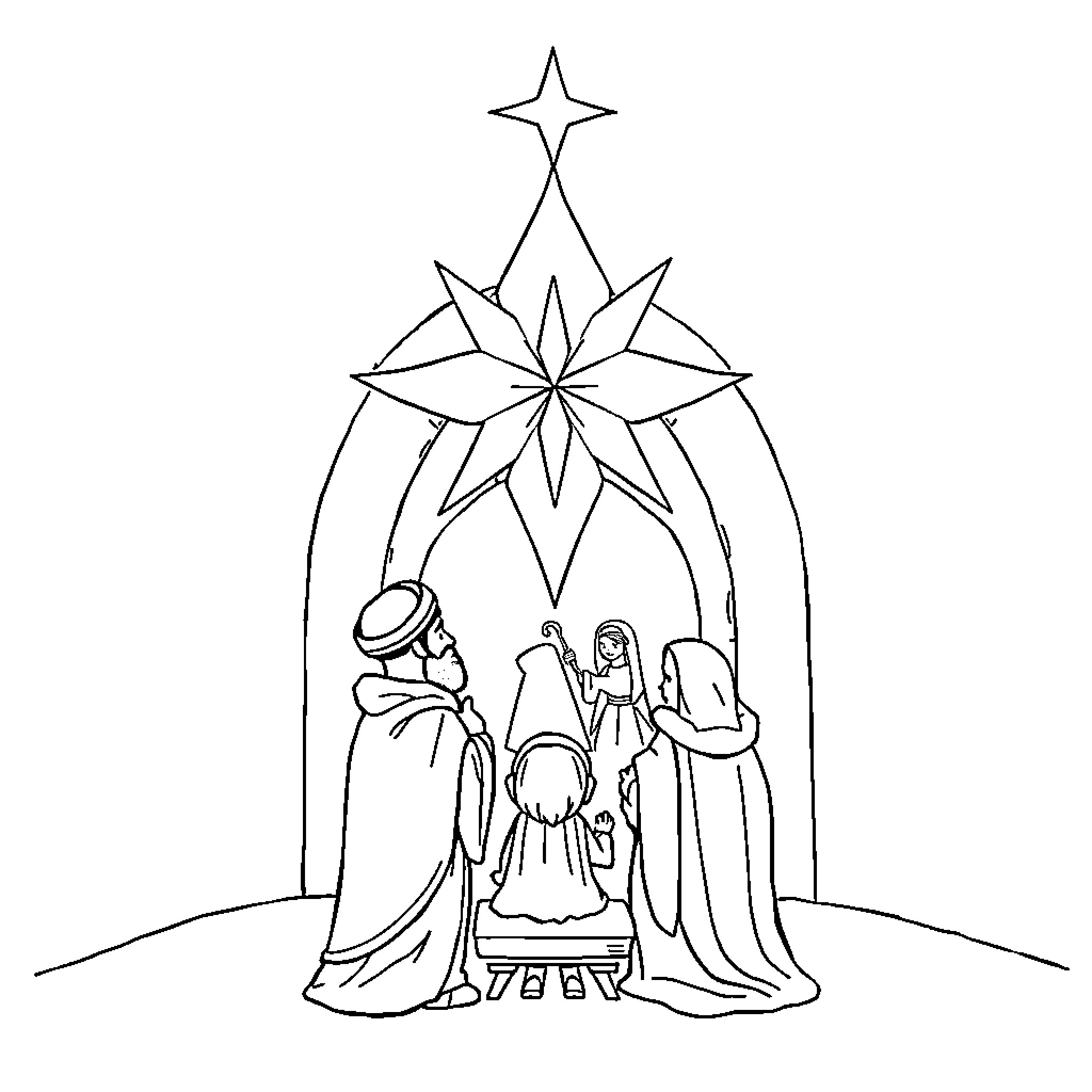 Reyes Magos gathering around the nativity scene Coloring Page (free black-and-white line drawing printable PDF for all, from beginners to advanced learners, including children, teens, adults, and seniors)