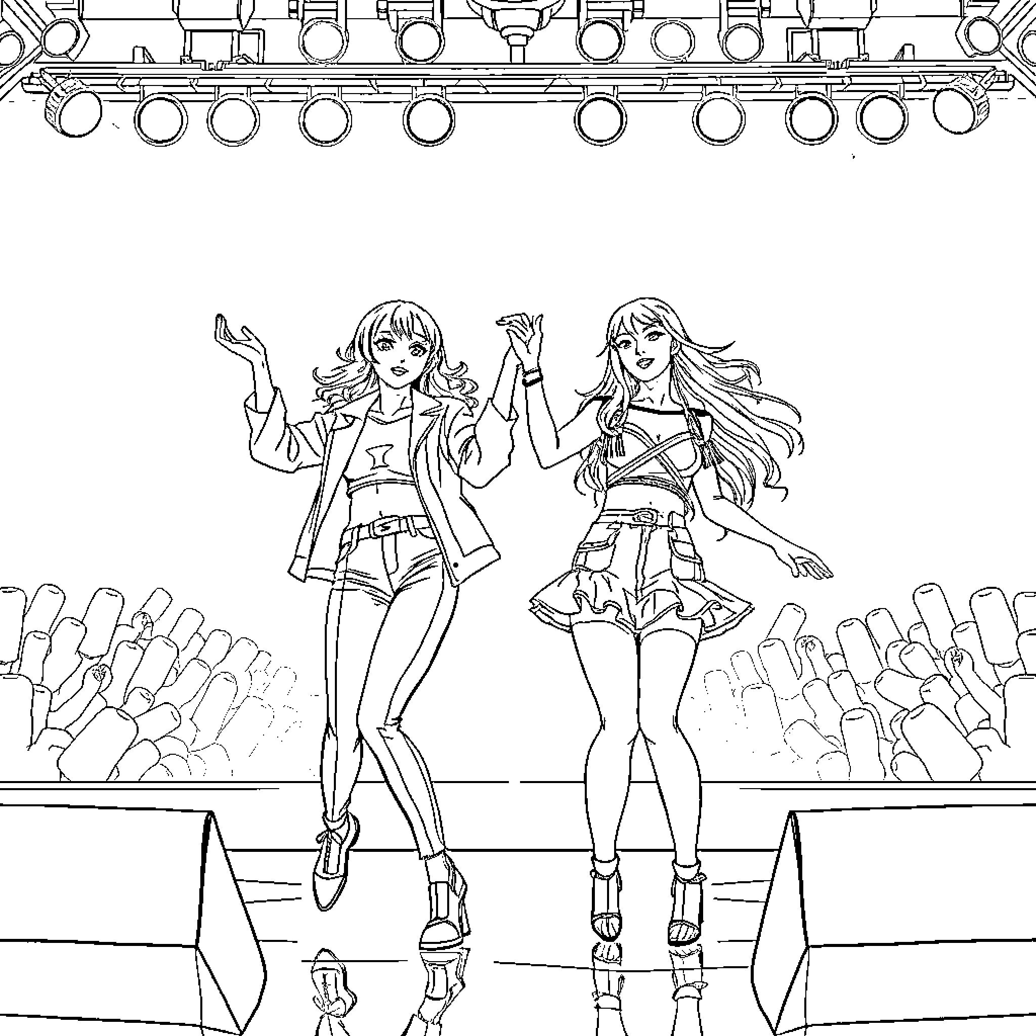 Kpop Performers Showcasing Energetic Moves on Stage Coloring Page (free black-and-white line drawing printable PDF for all, from beginners to advanced learners, including children, teens, adults, and seniors)