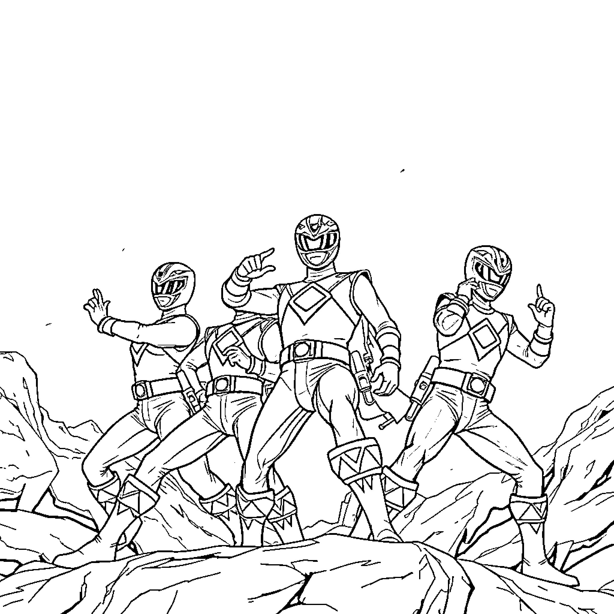 Power Rangers Posing in Action Stance Coloring Page (free black-and-white line drawing printable PDF for all, from beginners to advanced learners, including children, teens, adults, and seniors)