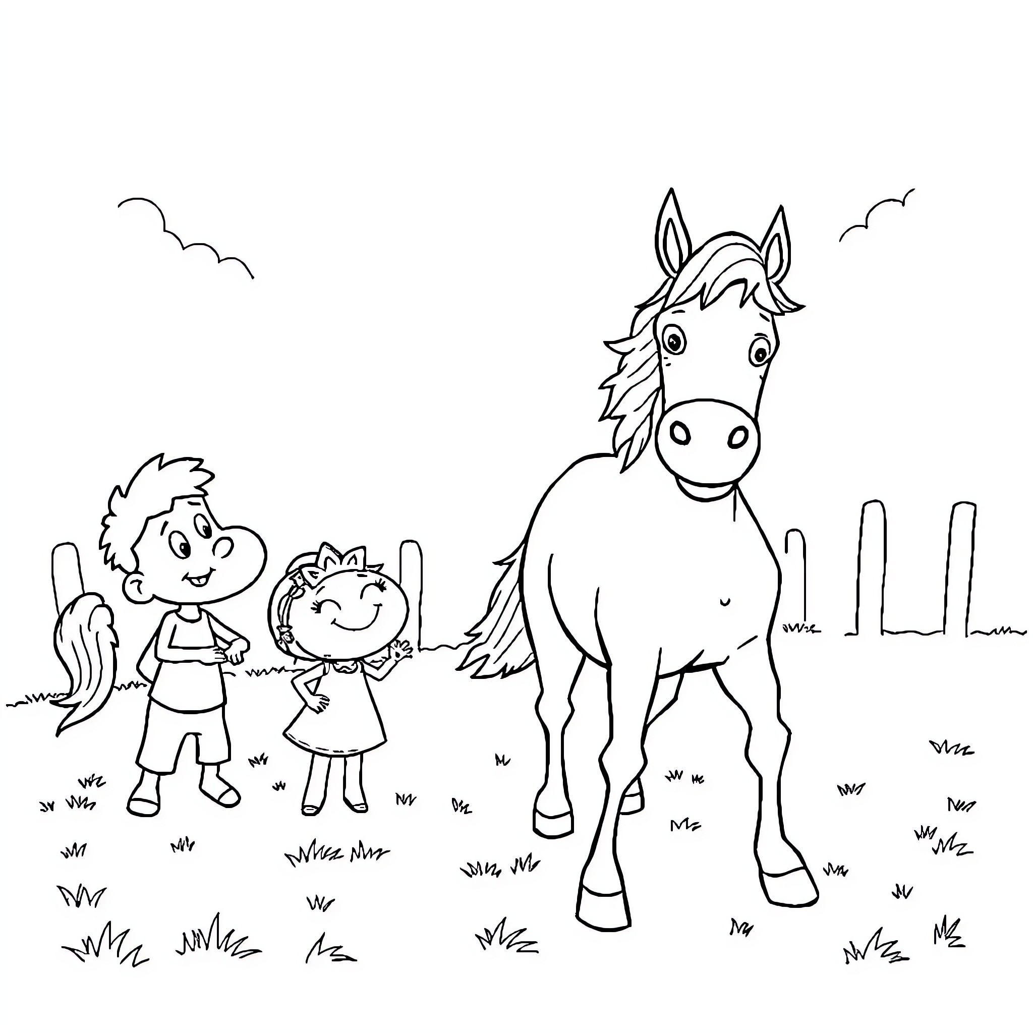 Fool's Day Delight: Children and Horse in Playful Meadow Coloring Page (free black-and-white line drawing printable PDF for all, from beginners to advanced learners, including children, teens, adults, and seniors)