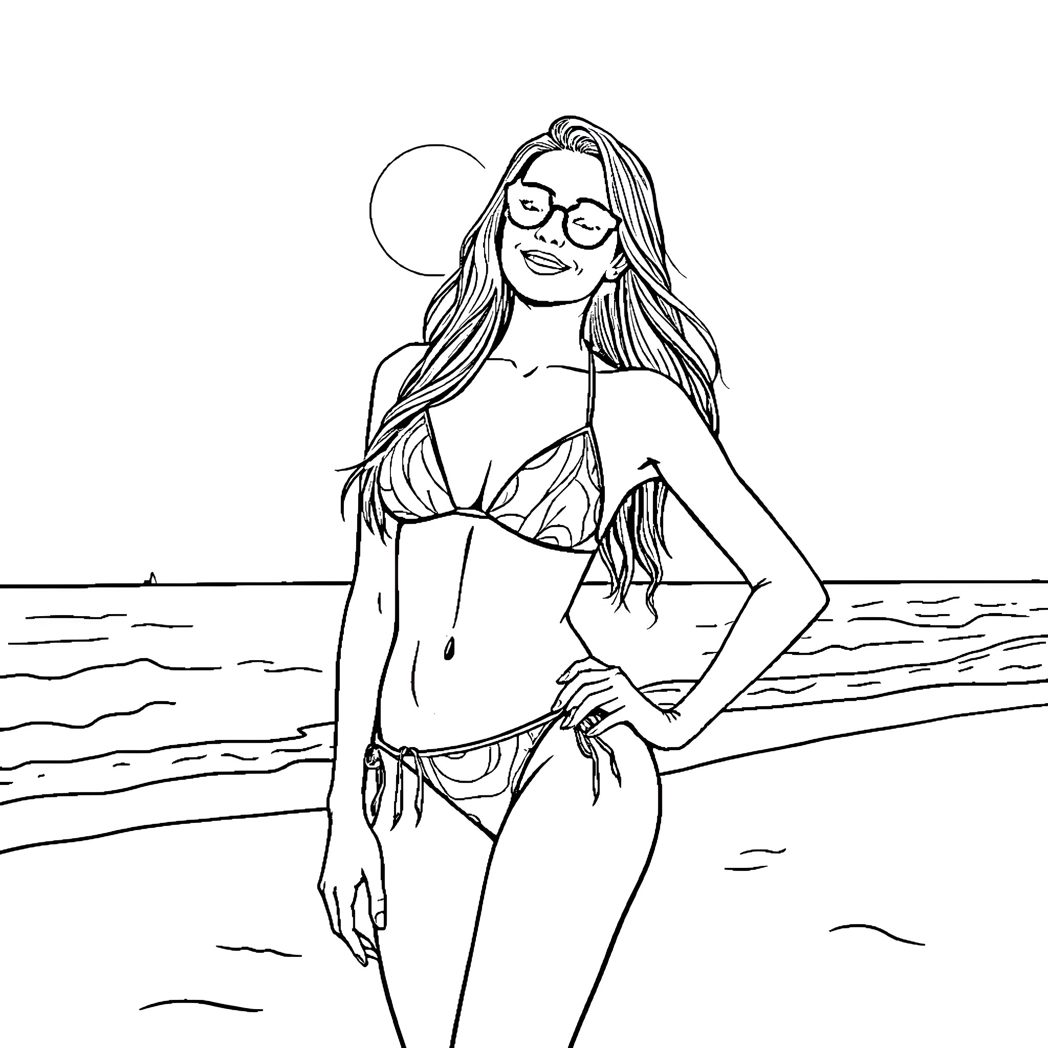 Woman in bikini enjoying the beach Coloring Page (free black-and-white line drawing printable PDF for all, from beginners to advanced learners, including children, teens, adults, and seniors)