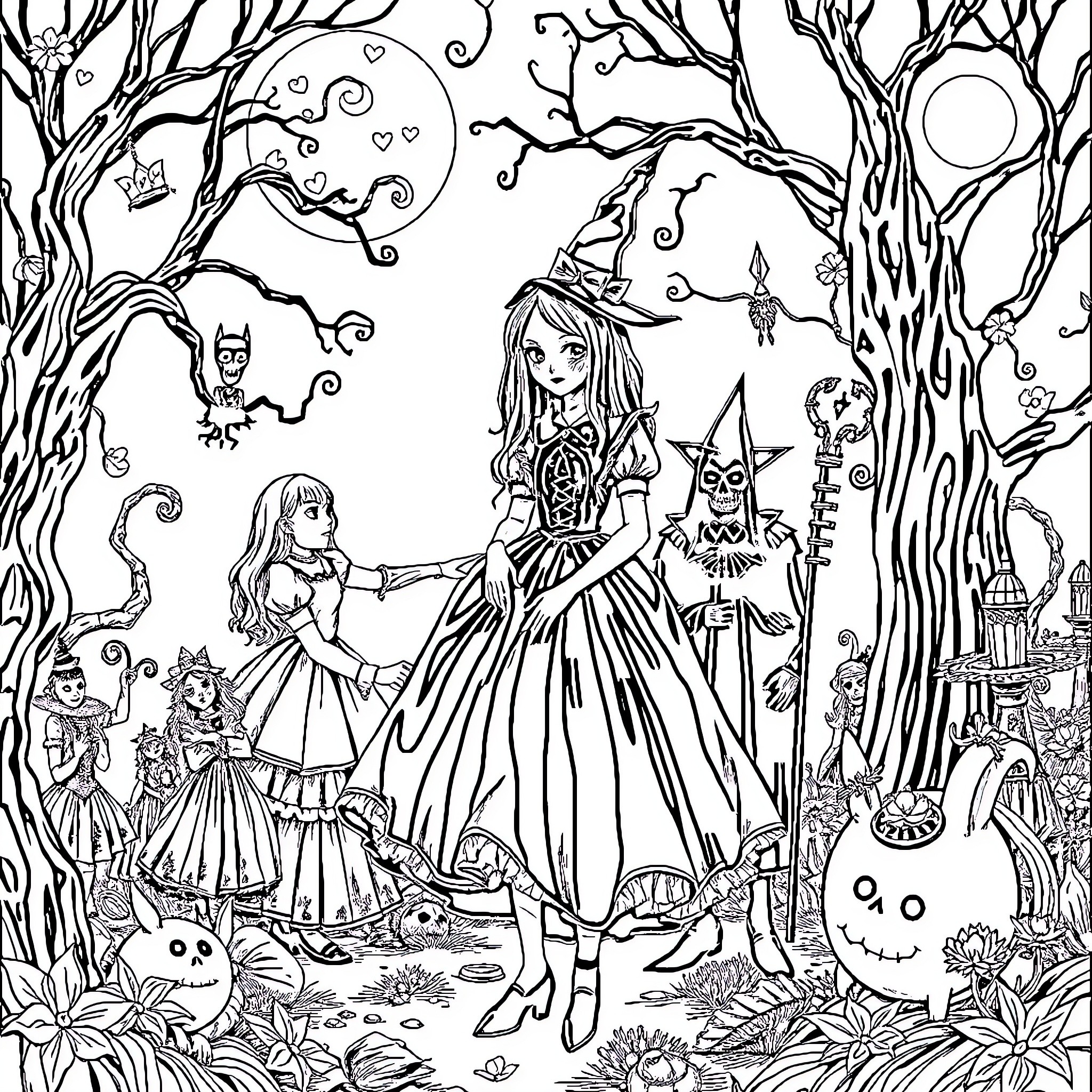 Alice's Enchanted Wonderland Adventure Coloring Page (free black-and-white line drawing printable PDF for all, from beginners to advanced learners, including children, teens, adults, and seniors)