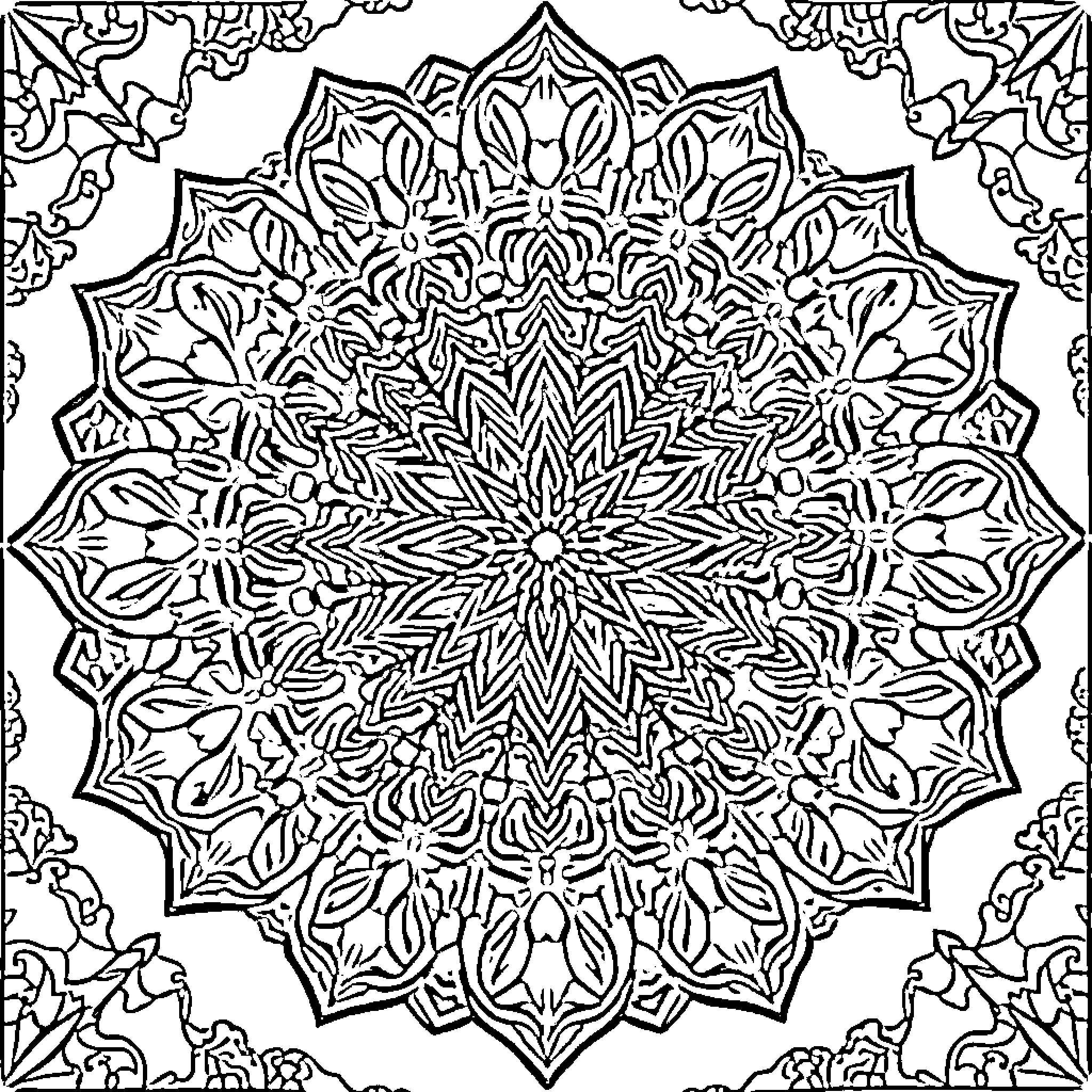 Mandala with intricate floral patterns Coloring Page (free black-and-white line drawing printable PDF for all, from beginners to advanced learners, including children, teens, adults, and seniors)