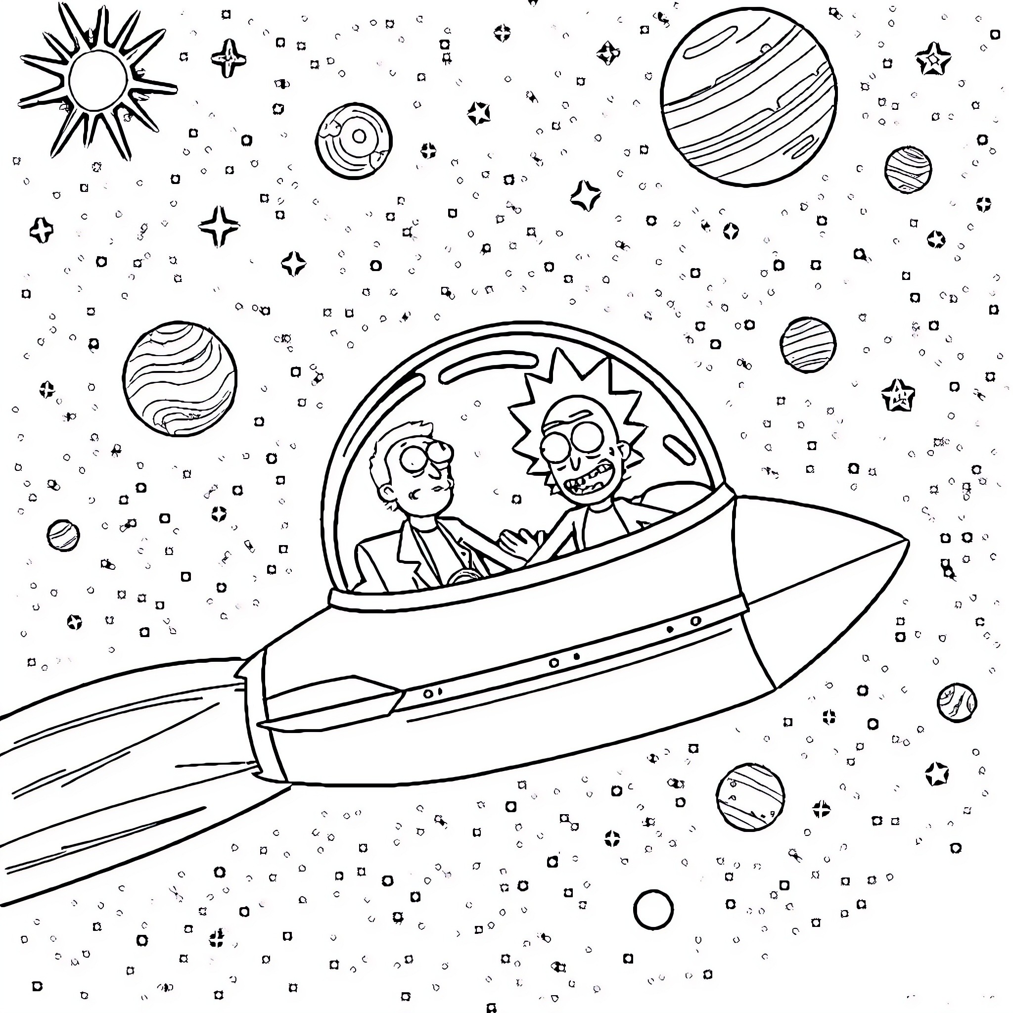 Rick And Morty's Space Adventure Coloring Page (free black-and-white line drawing printable PDF for all, from beginners to advanced learners, including children, teens, adults, and seniors)