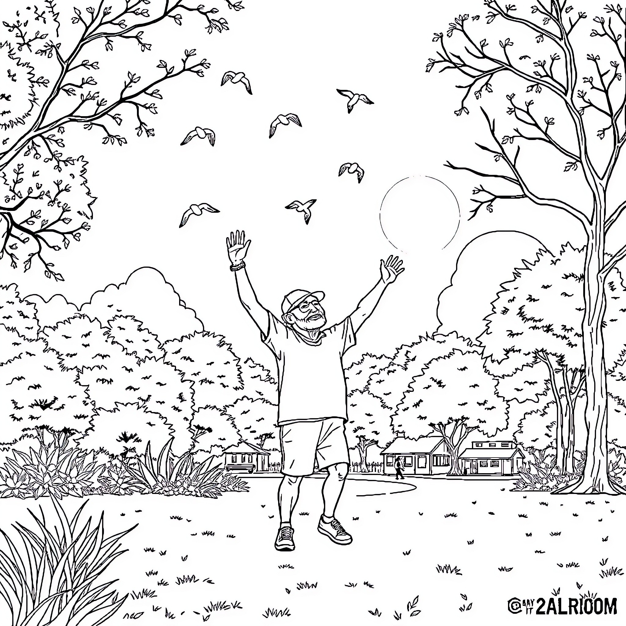 Dad joyfully embracing nature in the park Coloring Page (free black-and-white line drawing printable PDF for all, from beginners to advanced learners, including children, teens, adults, and seniors)