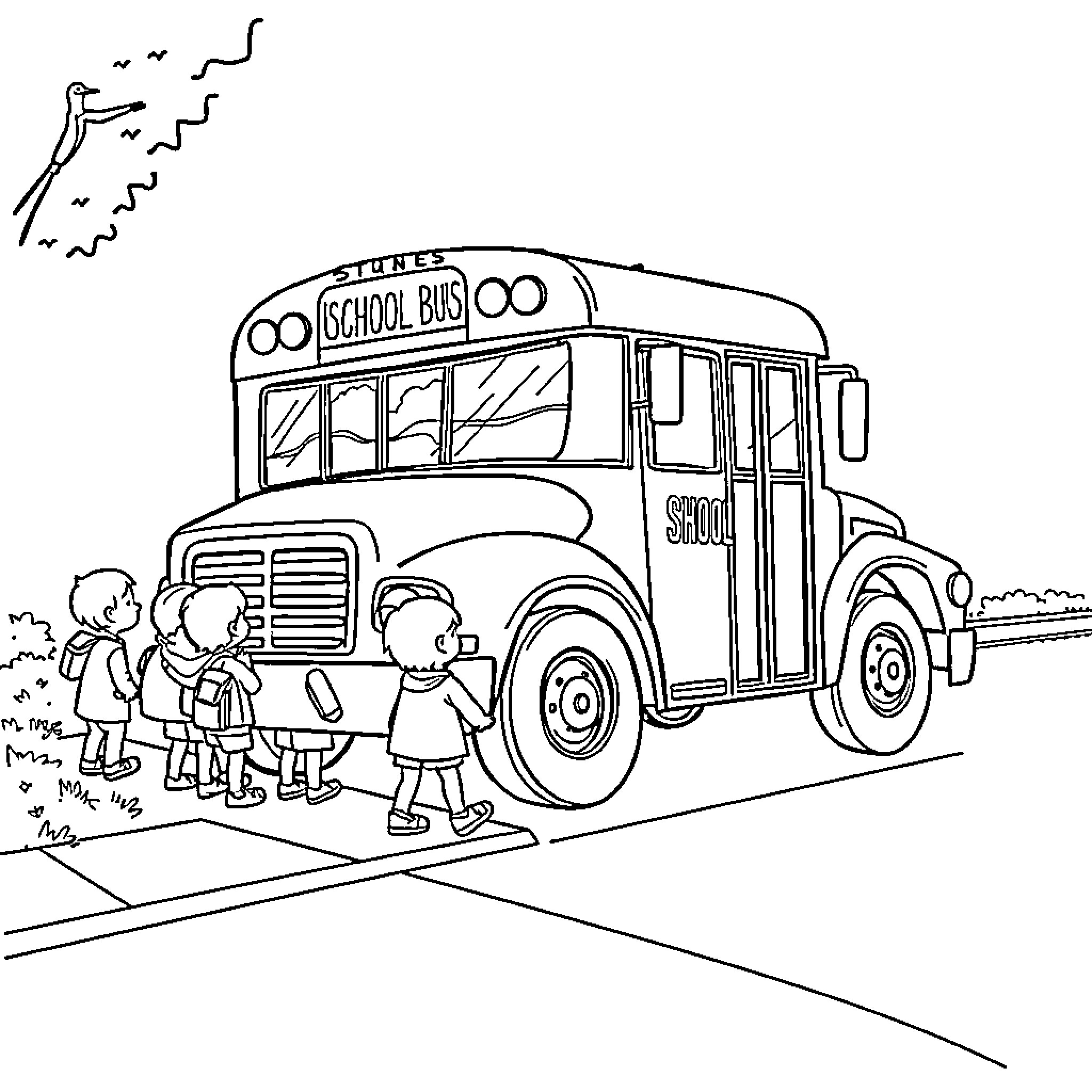 Bus Transporting Students to School Coloring Page (free black-and-white line drawing printable PDF for all, from beginners to advanced learners, including children, teens, adults, and seniors)