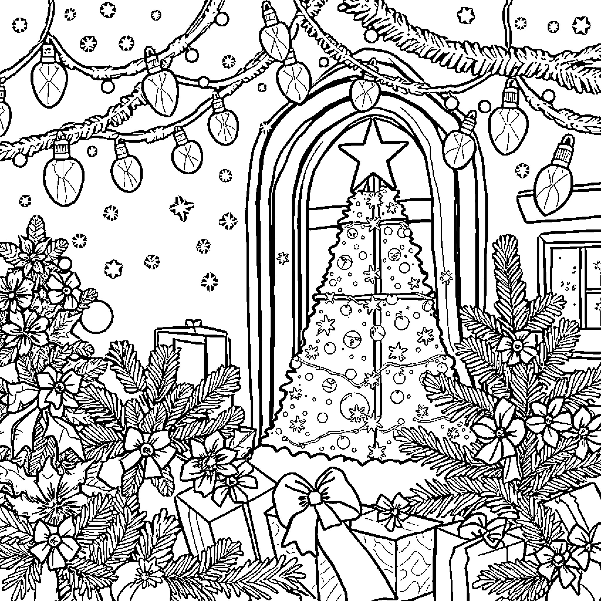 Christmas Decorations and Ornaments in a Festive Setting Coloring Page (free black-and-white line drawing printable PDF for all, from beginners to advanced learners, including children, teens, adults, and seniors)