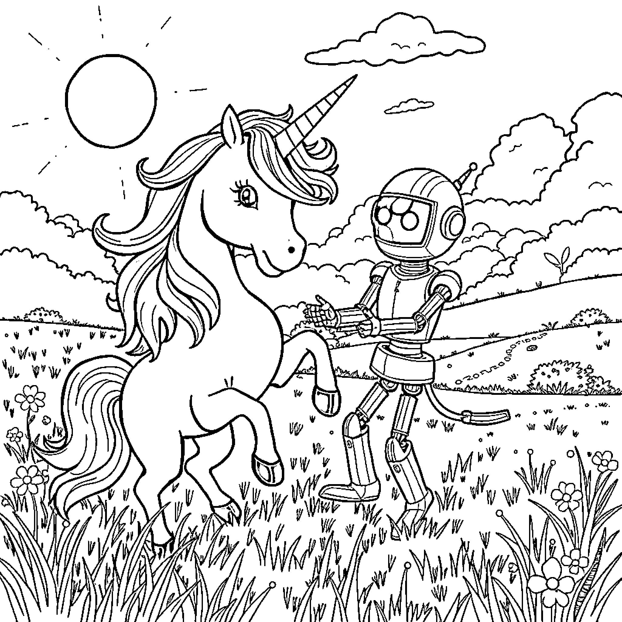 Unicorn and Robot Exploring the Enchanted Meadow Coloring Page (free black-and-white line drawing printable PDF for all, from beginners to advanced learners, including children, teens, adults, and seniors)